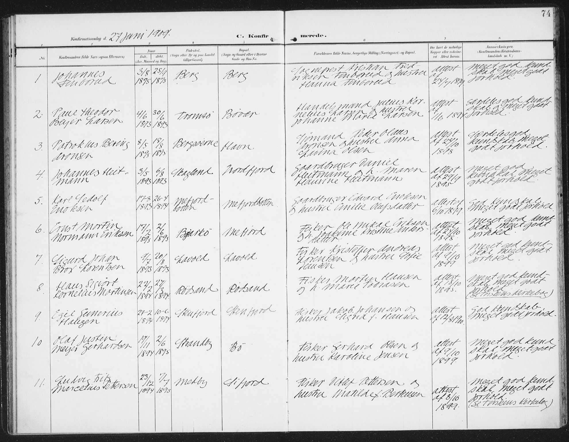 Berg sokneprestkontor, AV/SATØ-S-1318/G/Ga/Gaa/L0007kirke: Parish register (official) no. 7, 1906-1915, p. 74