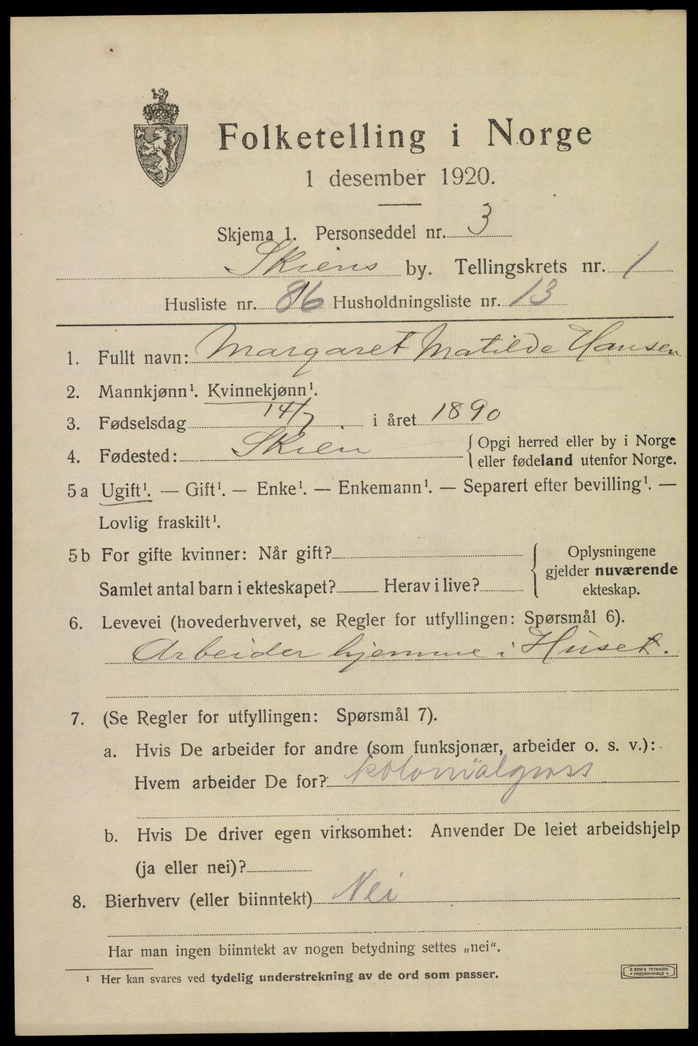 SAKO, 1920 census for Skien, 1920, p. 41020