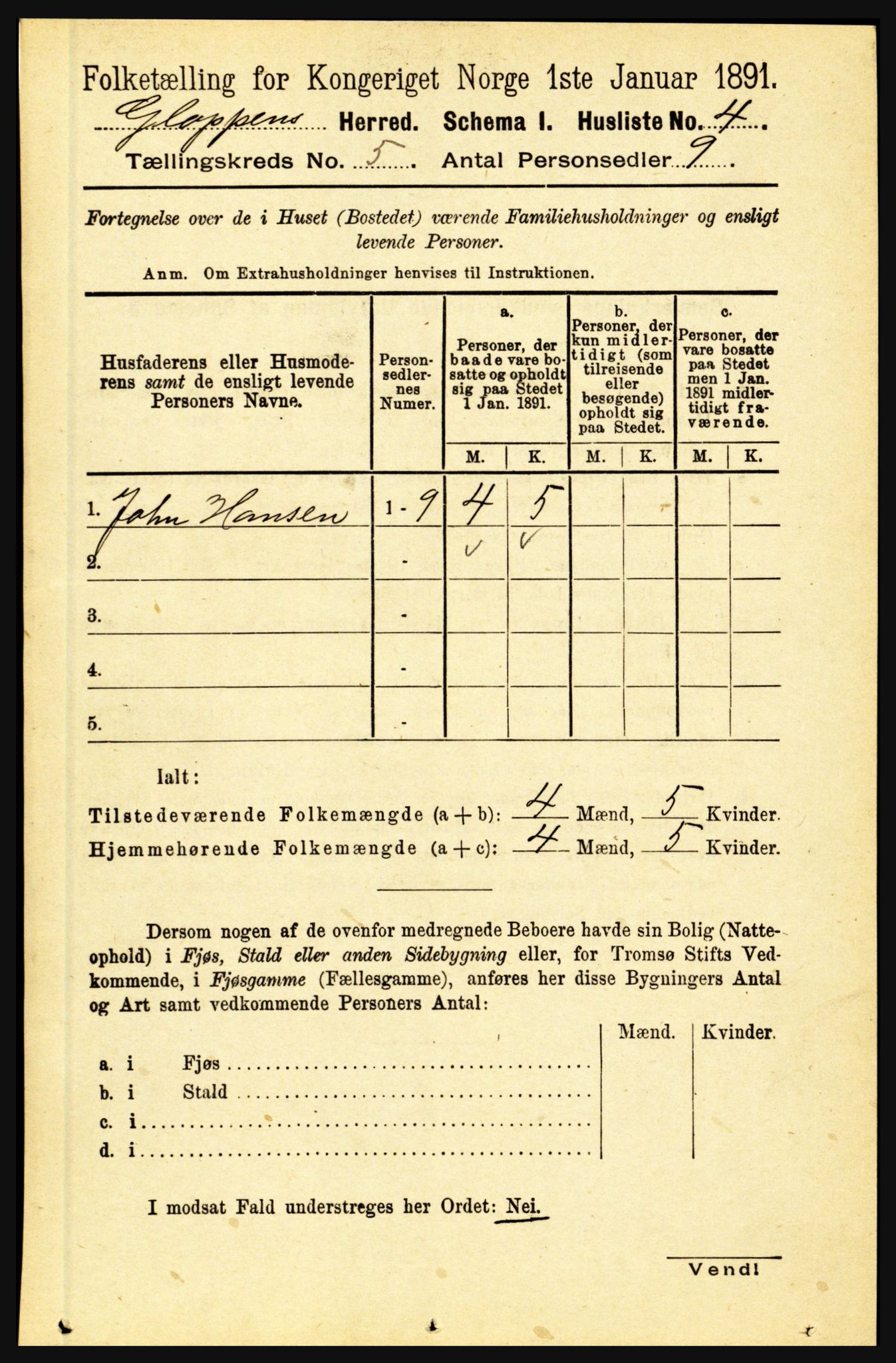 RA, 1891 census for 1445 Gloppen, 1891, p. 2038