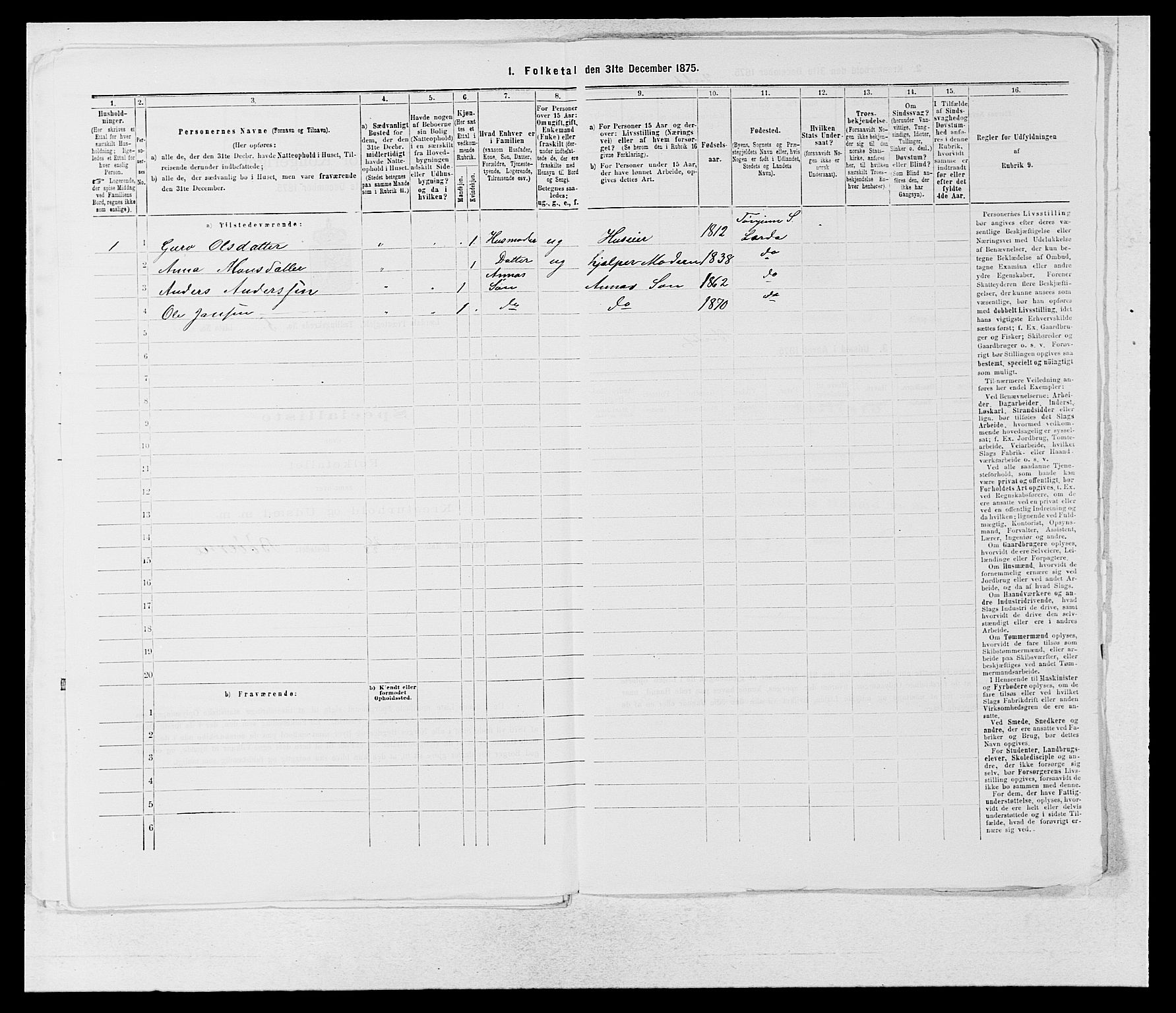 SAB, 1875 census for 1422P Lærdal, 1875, p. 752