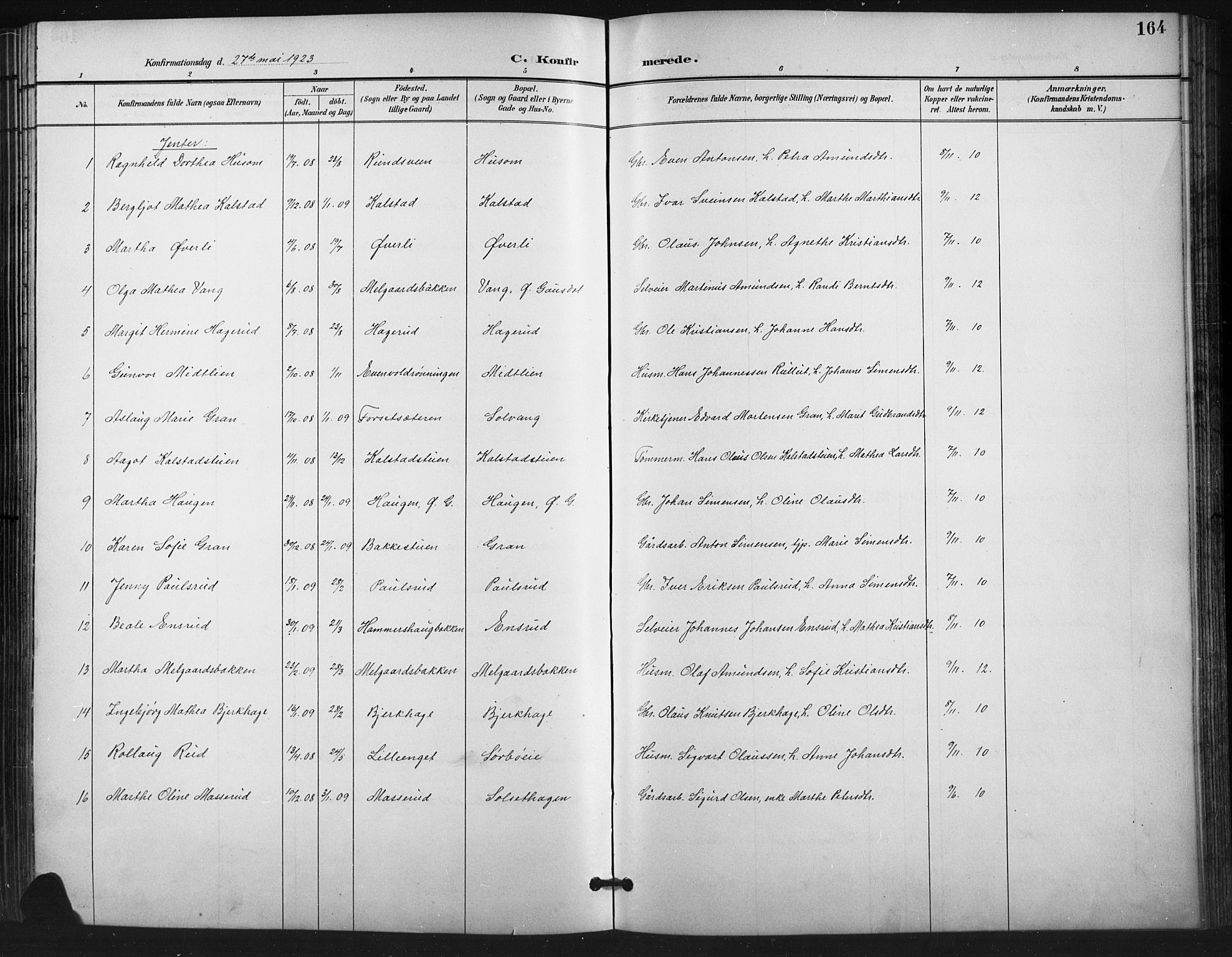 Vestre Gausdal prestekontor, SAH/PREST-094/H/Ha/Hab/L0003: Parish register (copy) no. 3, 1896-1925, p. 164