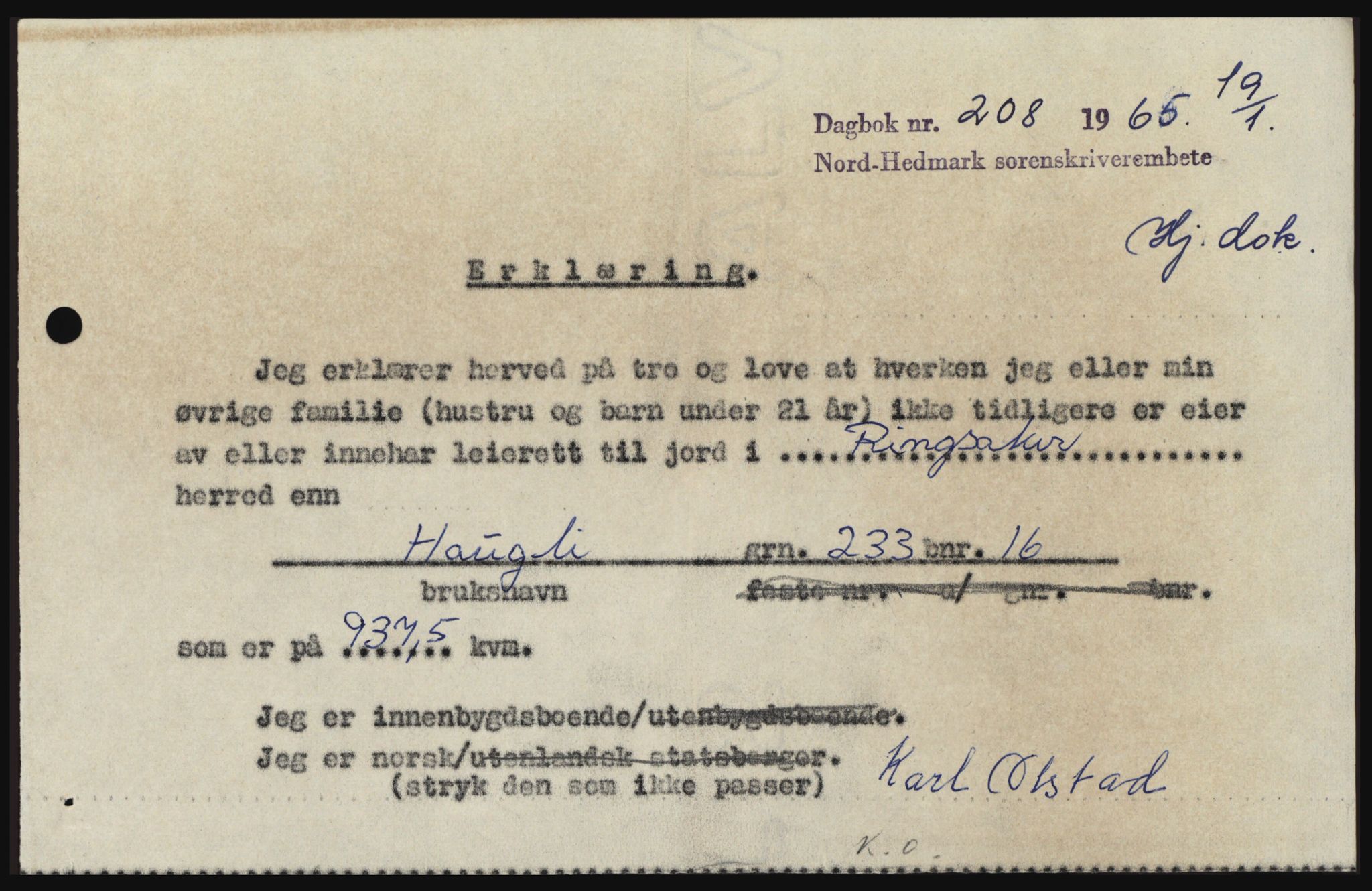 Nord-Hedmark sorenskriveri, SAH/TING-012/H/Hc/L0021: Mortgage book no. 21, 1964-1965, Diary no: : 208/1965