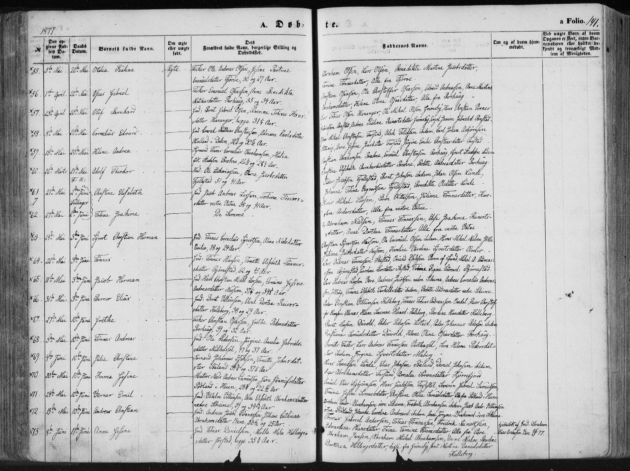 Lista sokneprestkontor, AV/SAK-1111-0027/F/Fa/L0011: Parish register (official) no. A 11, 1861-1878, p. 141