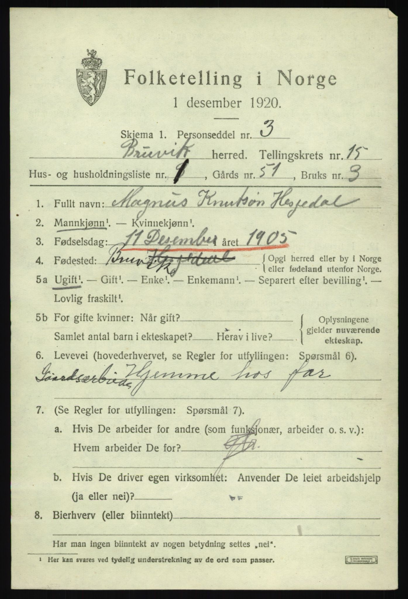 SAB, 1920 census for Bruvik, 1920, p. 9144