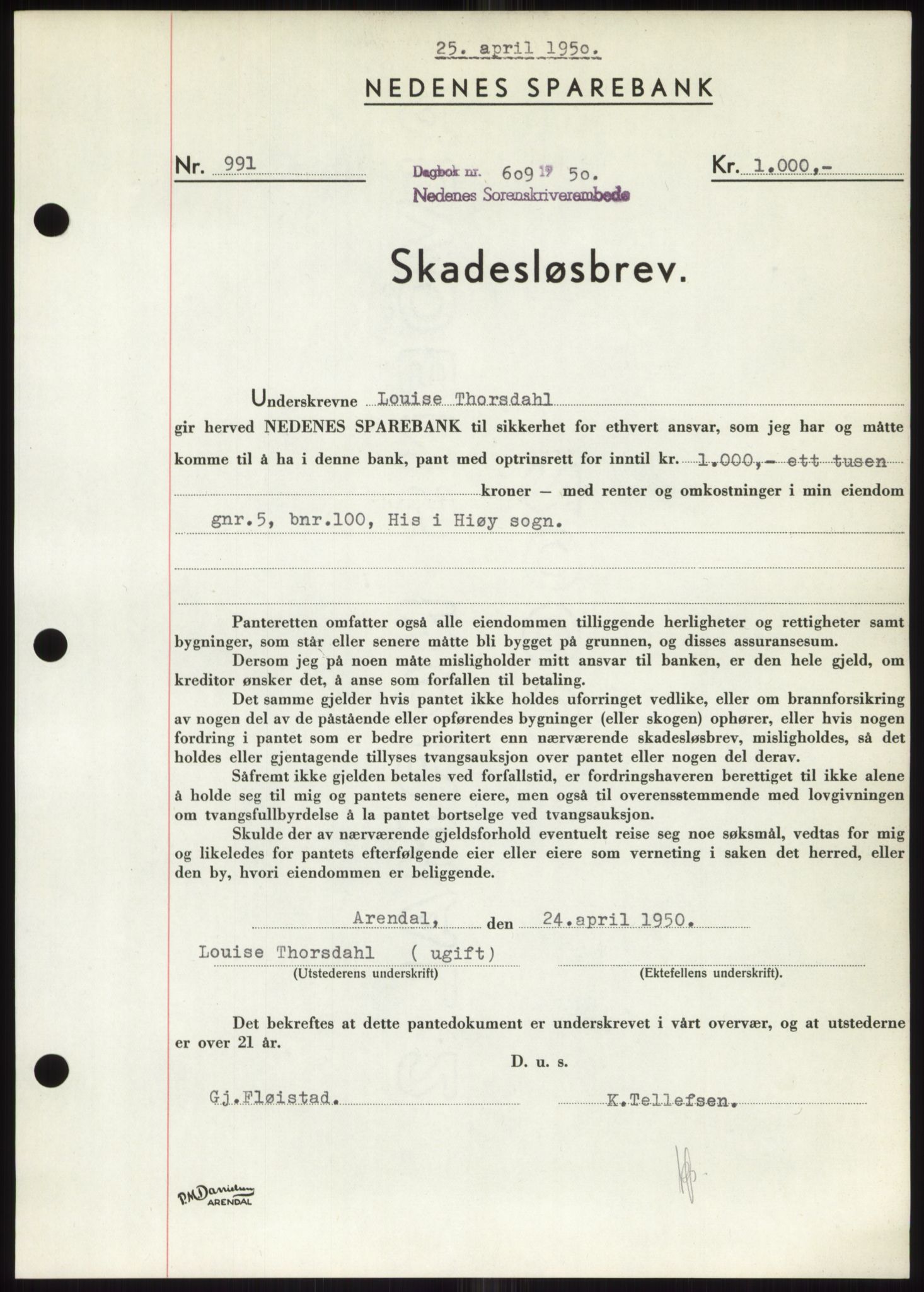 Nedenes sorenskriveri, AV/SAK-1221-0006/G/Gb/Gbb/L0007: Mortgage book no. B7, 1949-1950, Diary no: : 609/1950