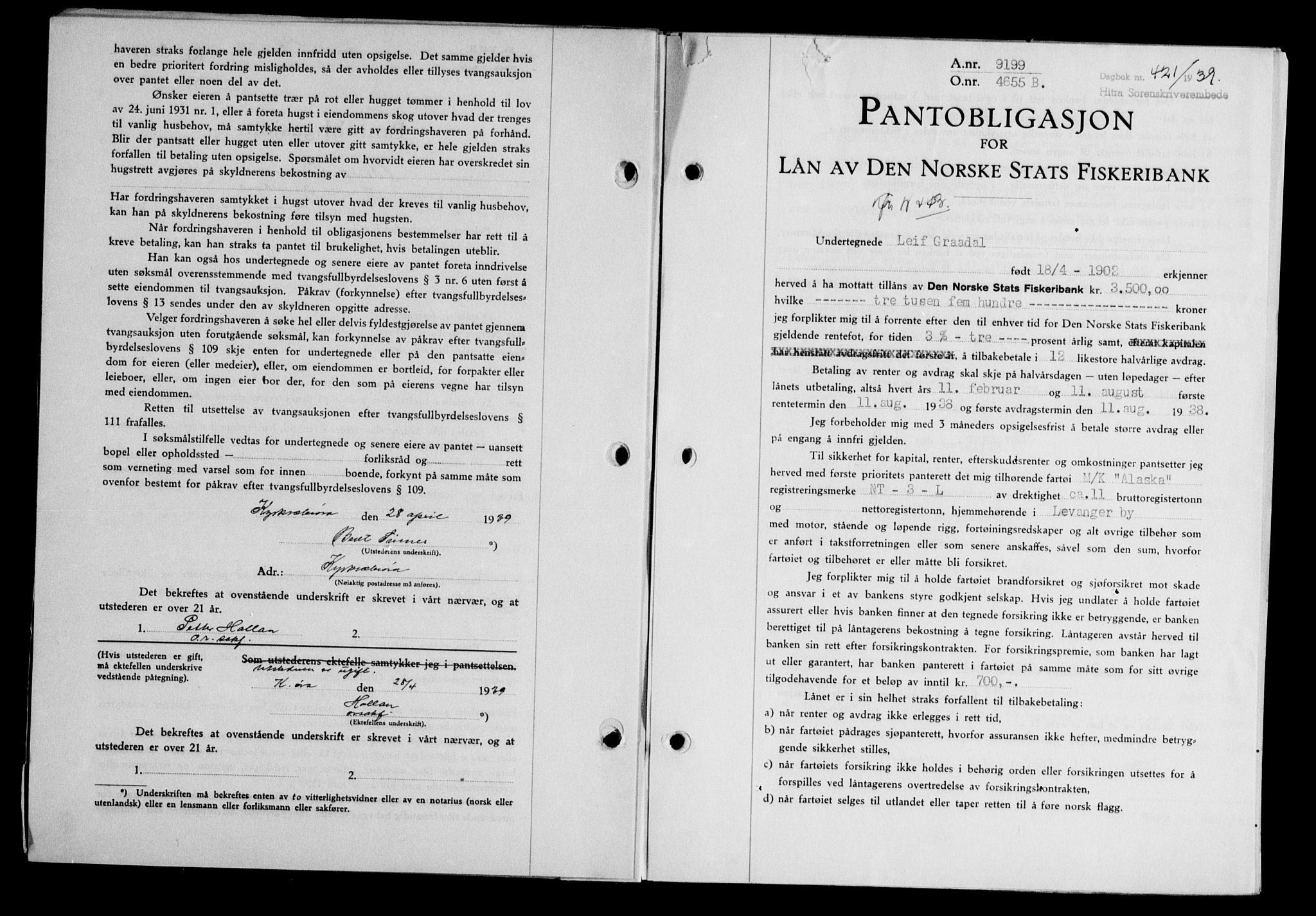 Hitra sorenskriveri, AV/SAT-A-0018/2/2C/2Ca/L0028: Mortgage book no. B-1, 1936-1939, Diary no: : 421/1939