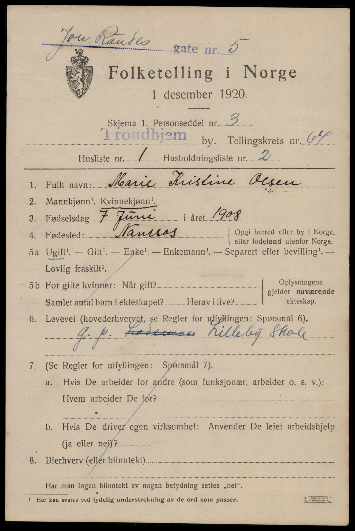 SAT, 1920 census for Trondheim, 1920, p. 127148