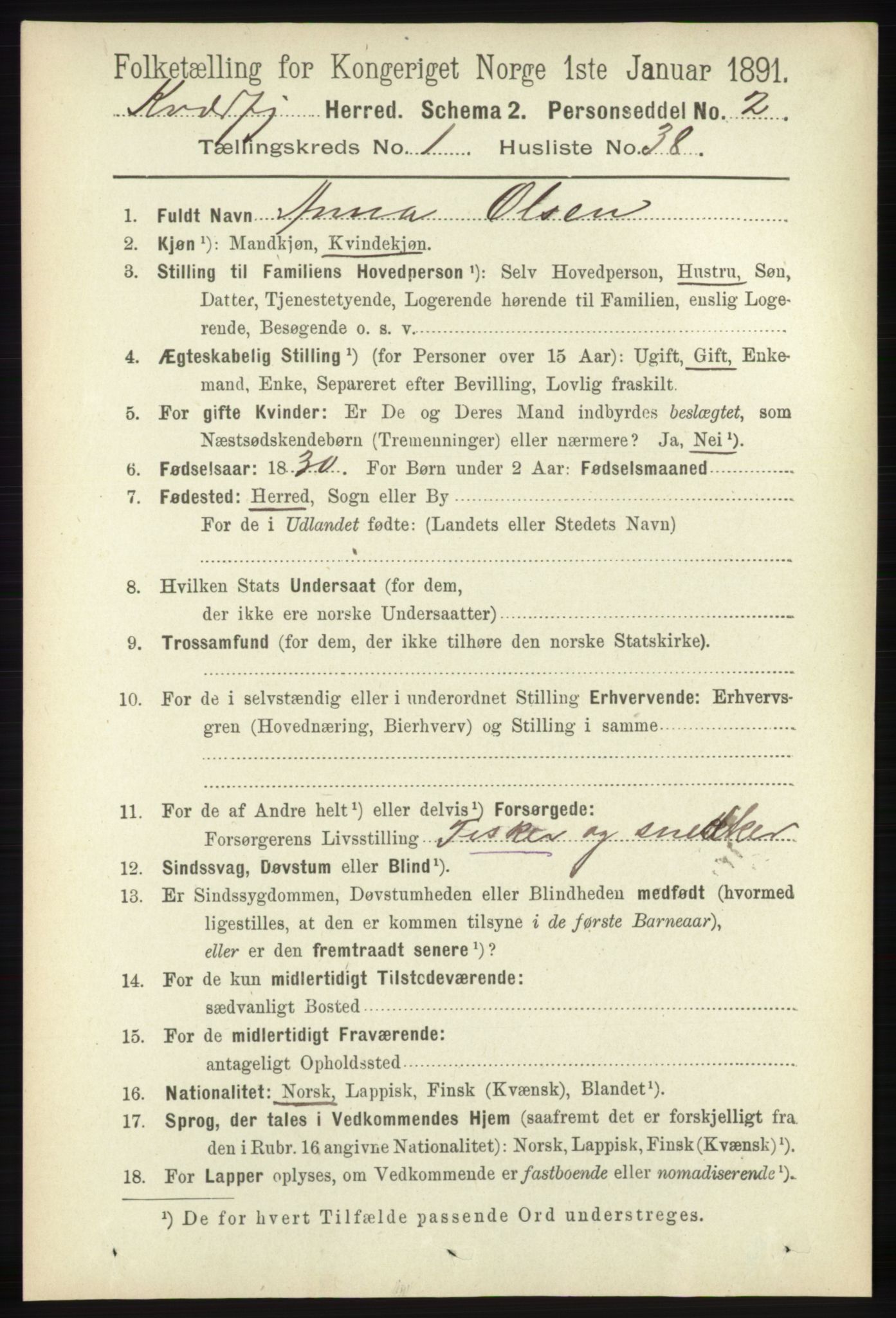 RA, 1891 census for 1911 Kvæfjord, 1891, p. 332