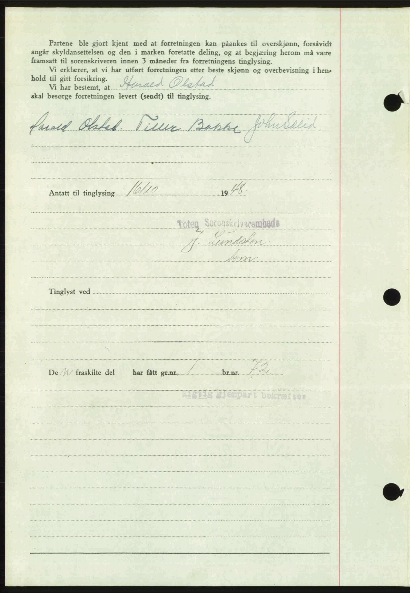 Toten tingrett, SAH/TING-006/H/Hb/Hbc/L0020: Mortgage book no. Hbc-20, 1948-1948, Diary no: : 3354/1948