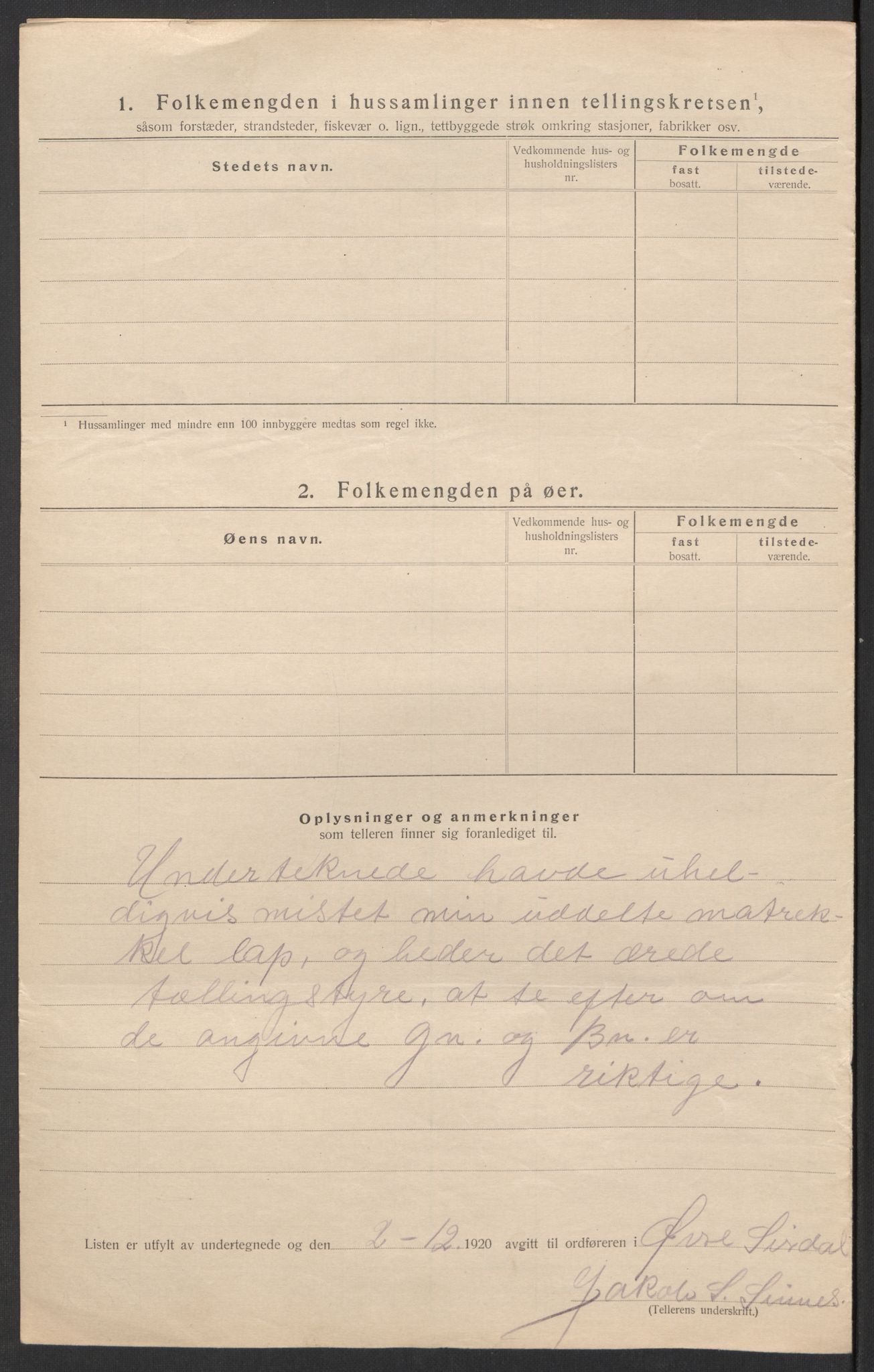 SAK, 1920 census for Øvre Sirdal, 1920, p. 11