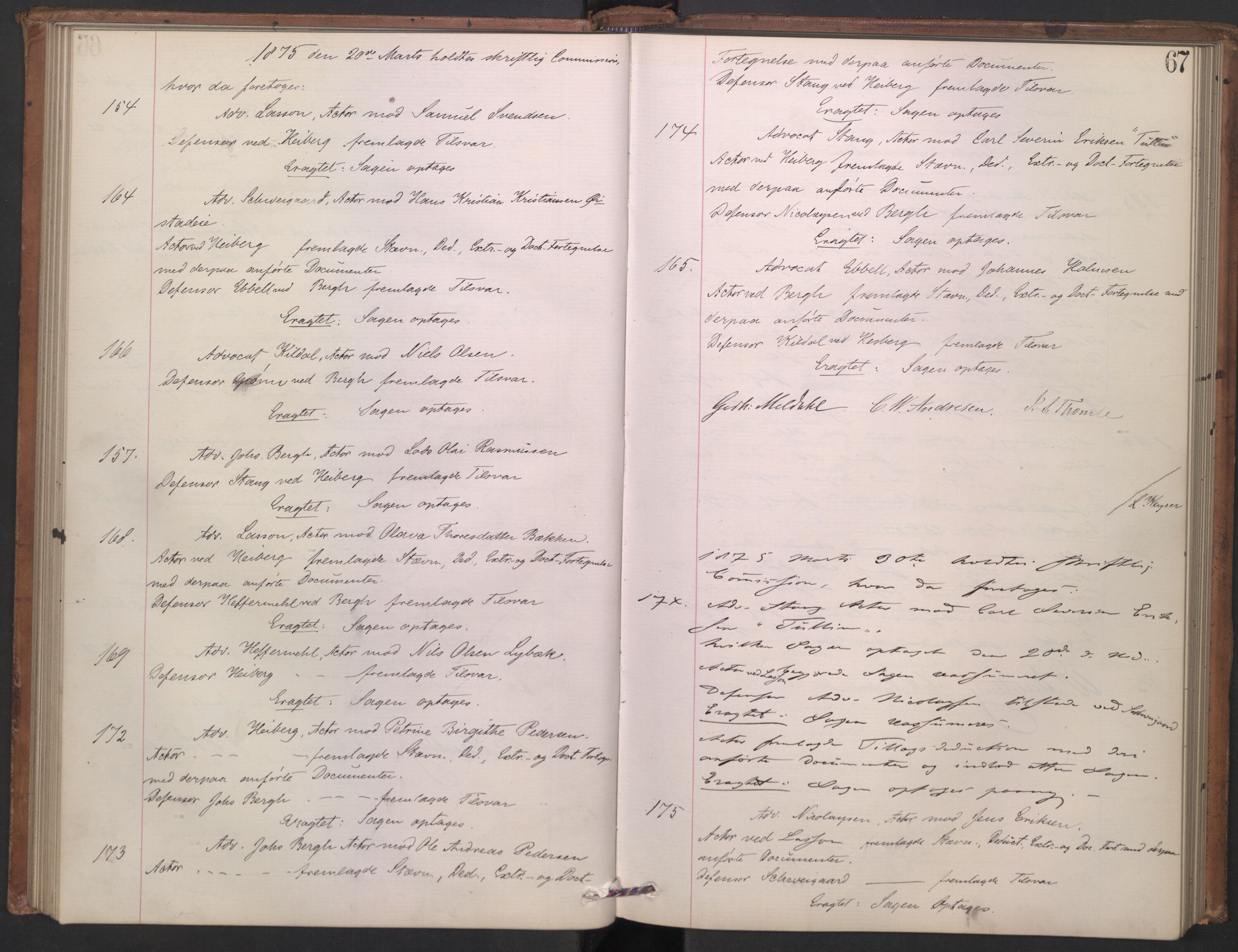 Høyesterett, AV/RA-S-1002/E/Ef/L0013: Protokoll over saker som gikk til skriftlig behandling, 1873-1879, p. 66b-67a