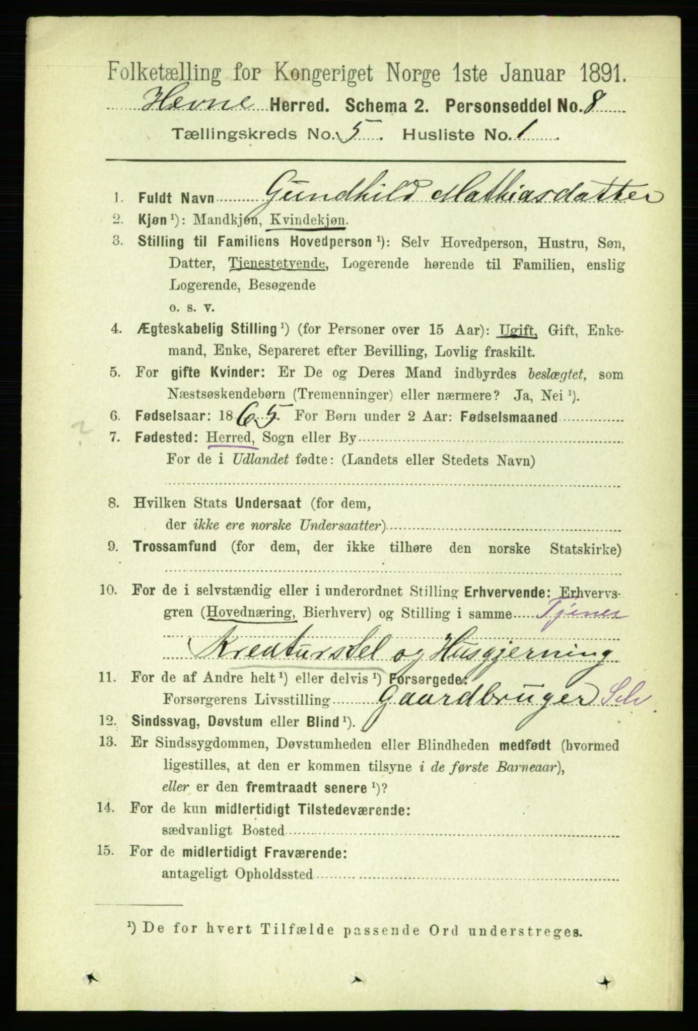 RA, 1891 census for 1612 Hemne, 1891, p. 2487