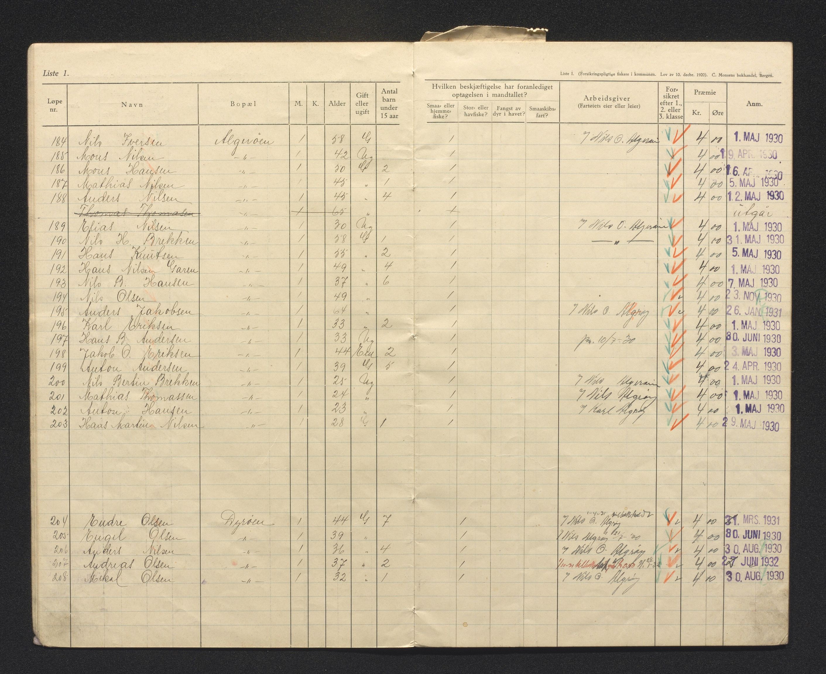 Fjell kommune. Fiskarmanntalsnemnda, IKAH/1246-352/F/Fa/L0001/0009: Fiskarmanntal / Fiskarmanntal, 1930