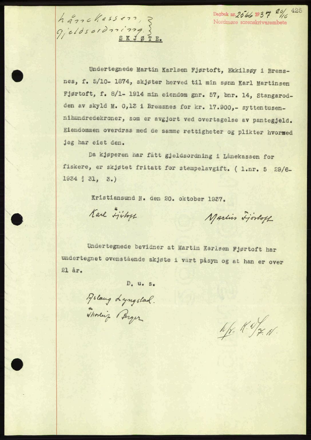 Nordmøre sorenskriveri, SAT/A-4132/1/2/2Ca: Mortgage book no. A82, 1937-1938, Diary no: : 2566/1937