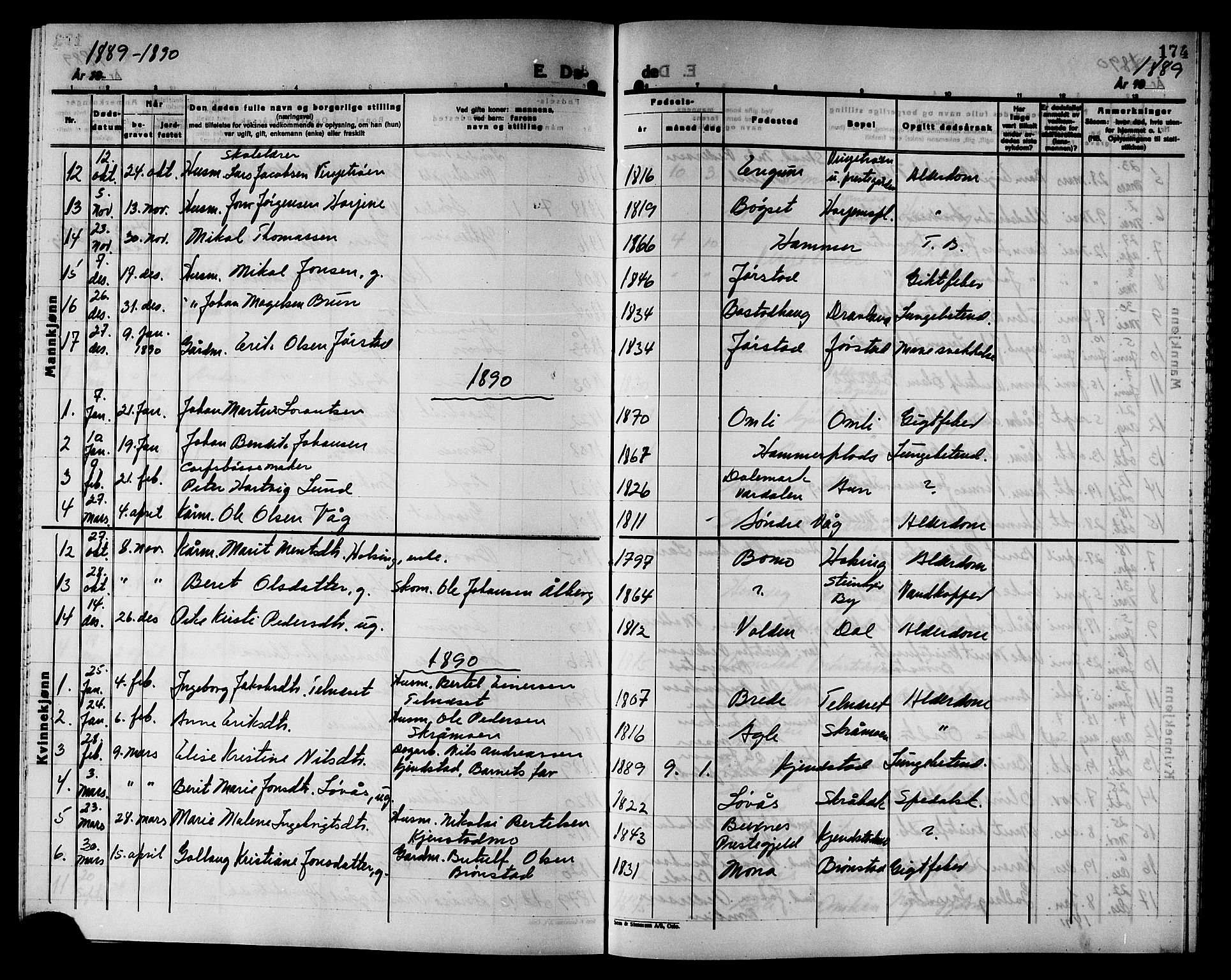 Ministerialprotokoller, klokkerbøker og fødselsregistre - Nord-Trøndelag, SAT/A-1458/749/L0487: Parish register (official) no. 749D03, 1887-1902, p. 174