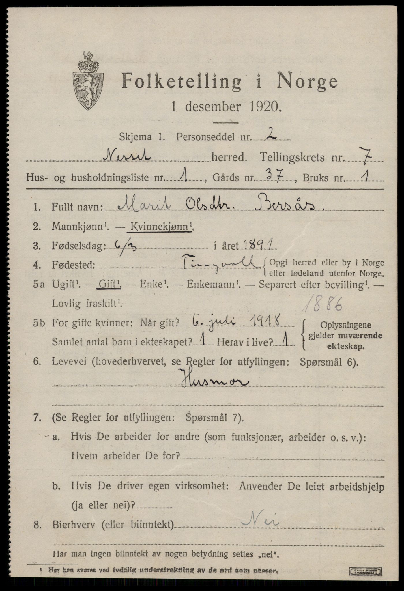 SAT, 1920 census for Nesset, 1920, p. 3242