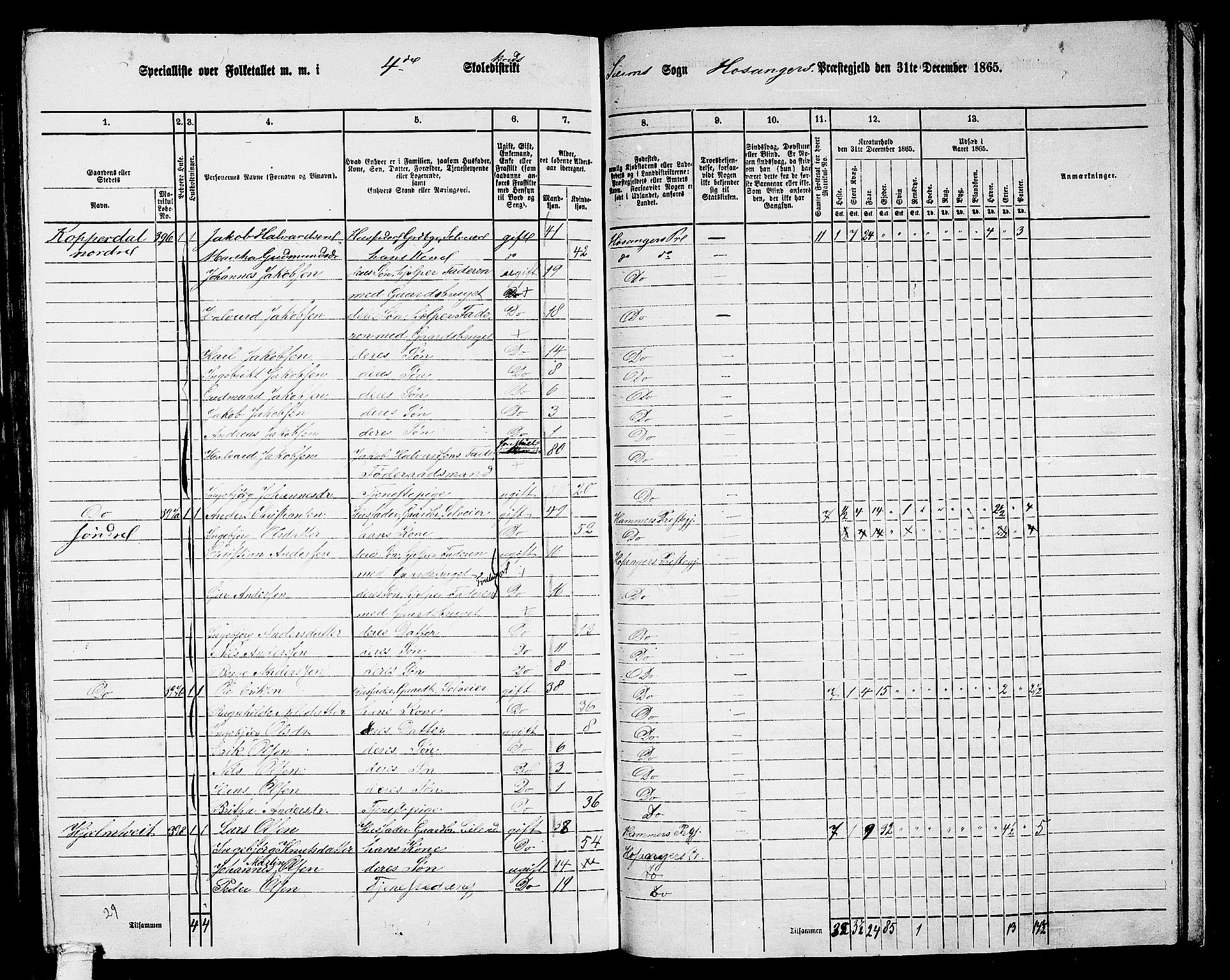 RA, 1865 census for Hosanger, 1865, p. 166