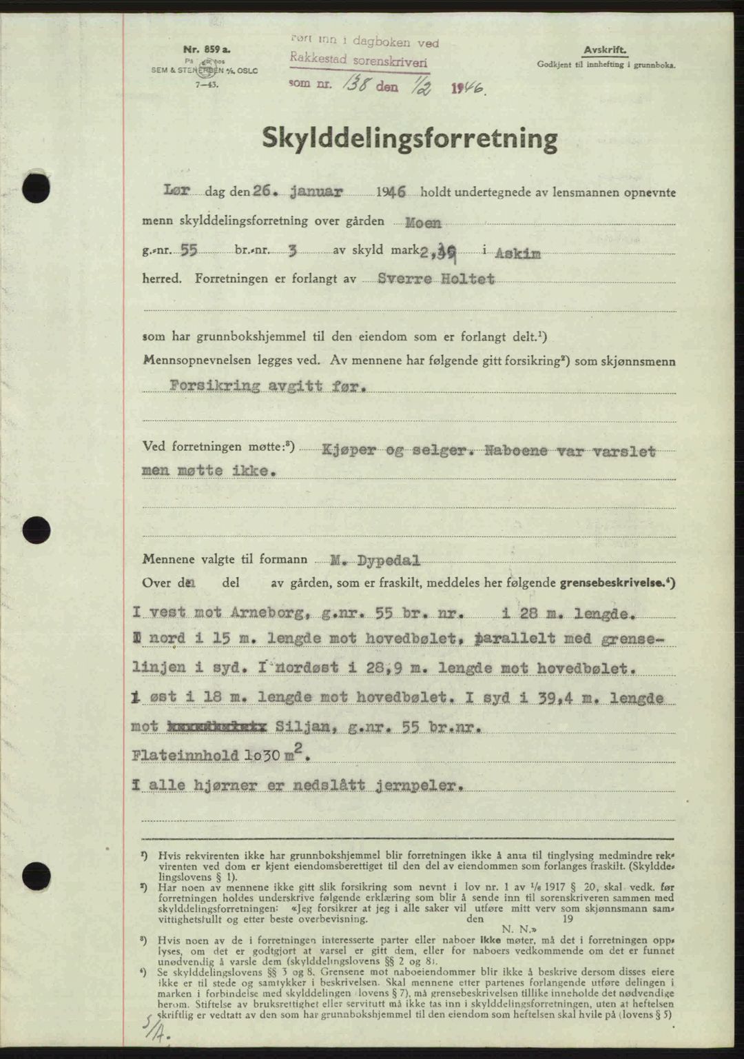 Rakkestad sorenskriveri, AV/SAO-A-10686/G/Gb/Gba/Gbab/L0012a: Mortgage book no. A12 I, 1945-1946, Diary no: : 138/1946