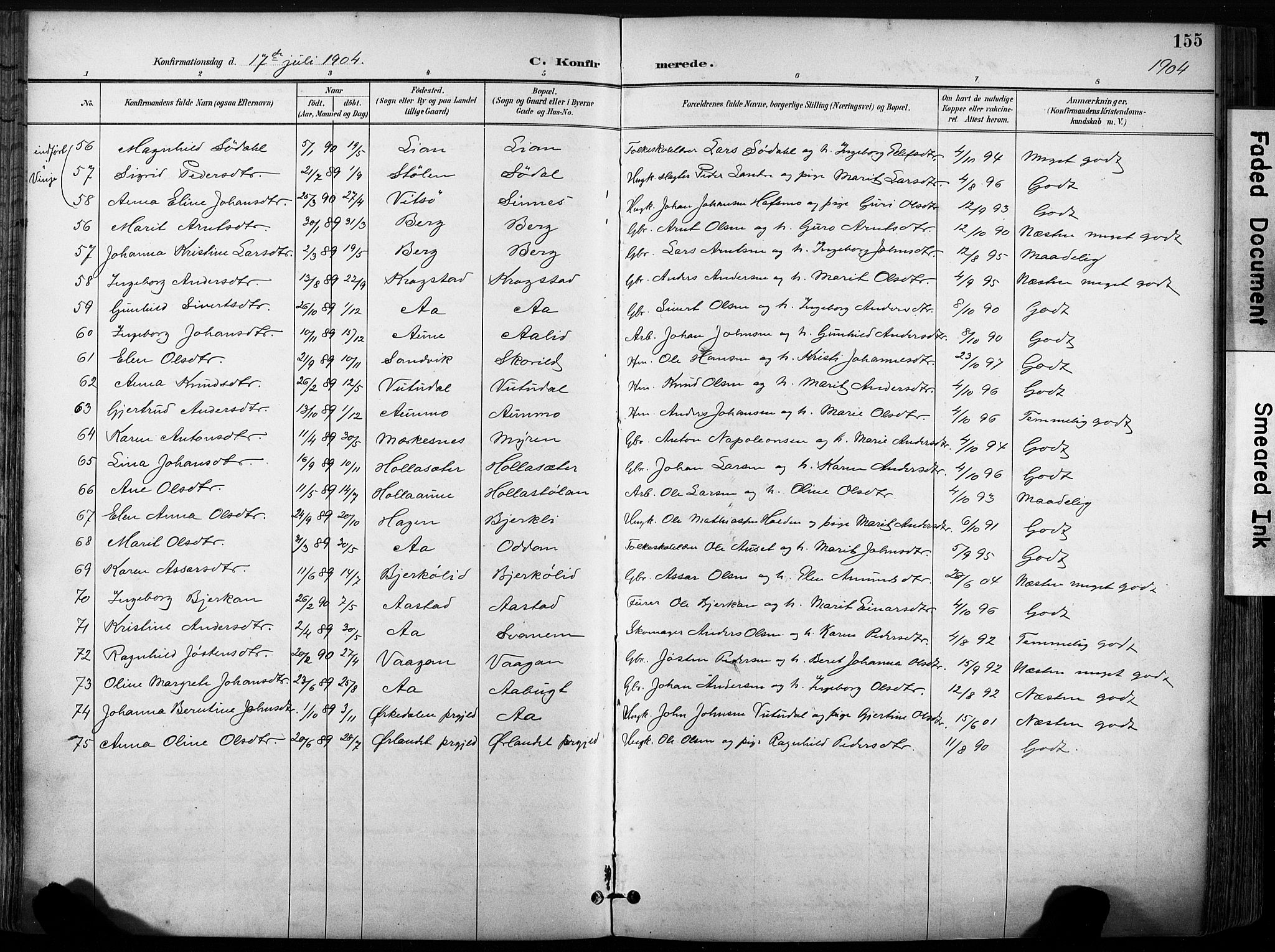 Ministerialprotokoller, klokkerbøker og fødselsregistre - Sør-Trøndelag, AV/SAT-A-1456/630/L0497: Parish register (official) no. 630A10, 1896-1910, p. 155