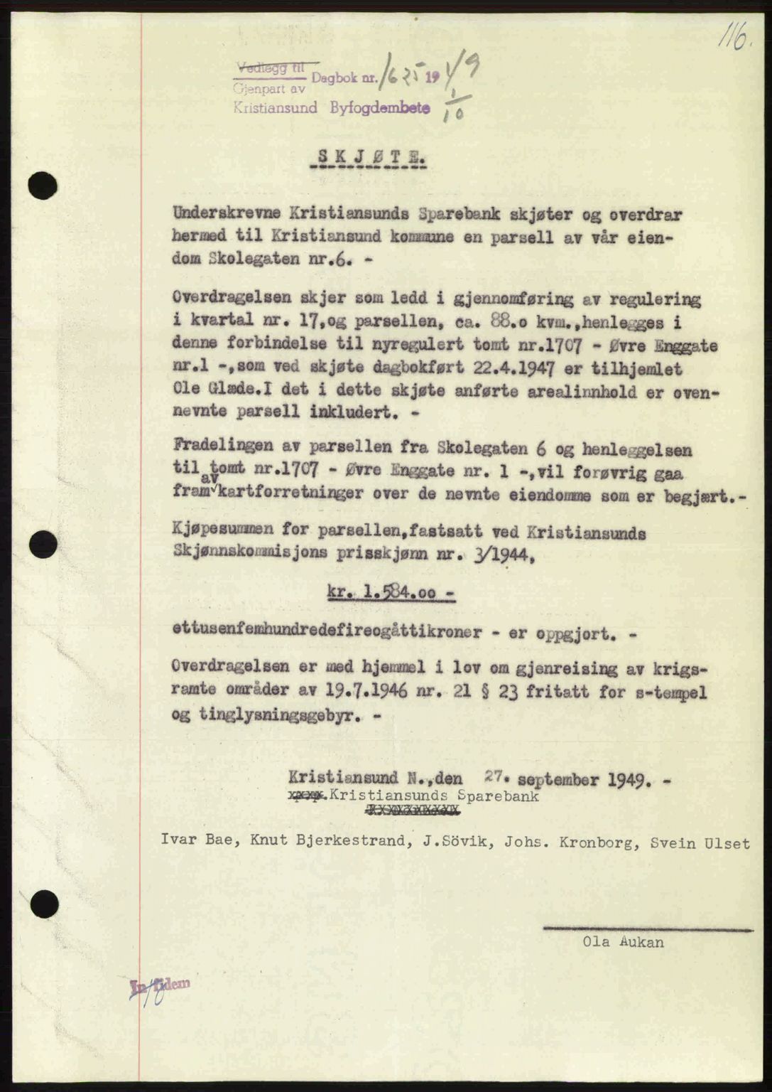 Kristiansund byfogd, AV/SAT-A-4587/A/27: Mortgage book no. 46, 1949-1950, Diary no: : 1625/1949