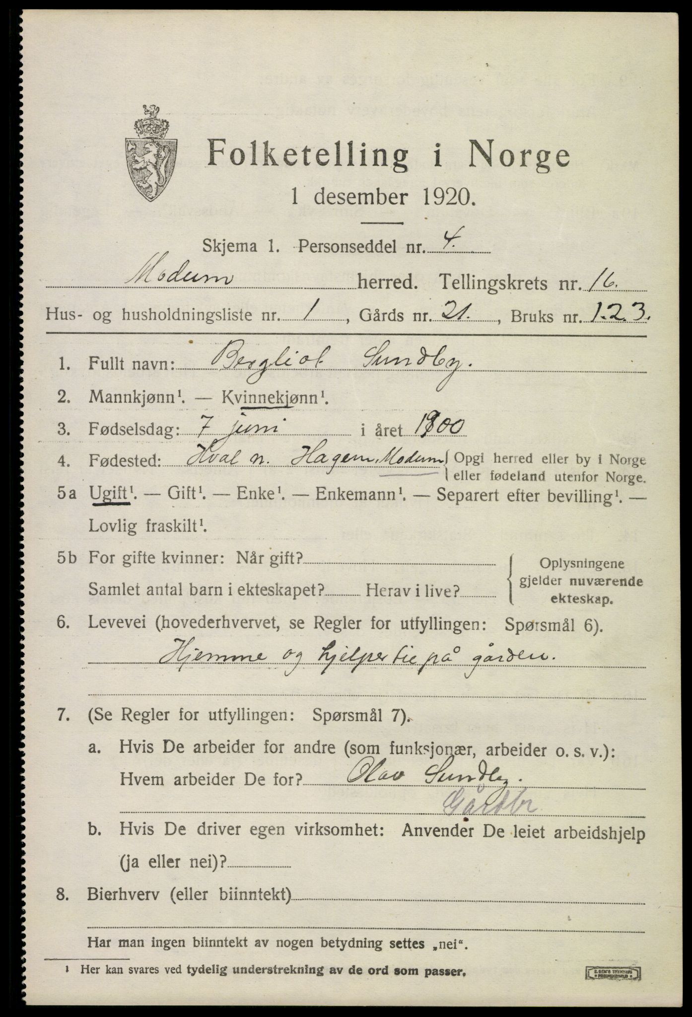 SAKO, 1920 census for Modum, 1920, p. 19423