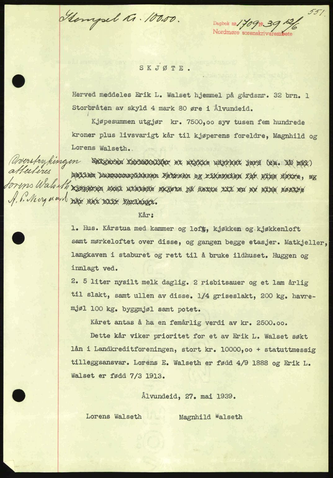 Nordmøre sorenskriveri, AV/SAT-A-4132/1/2/2Ca: Mortgage book no. A86, 1939-1939, Diary no: : 1709/1939