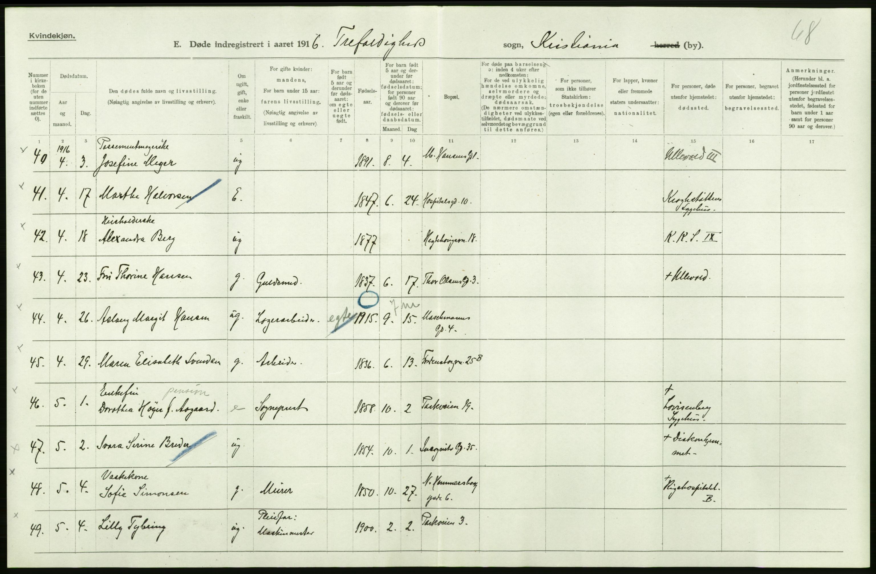 Statistisk sentralbyrå, Sosiodemografiske emner, Befolkning, AV/RA-S-2228/D/Df/Dfb/Dfbf/L0010: Kristiania: Døde, dødfødte., 1916, p. 122