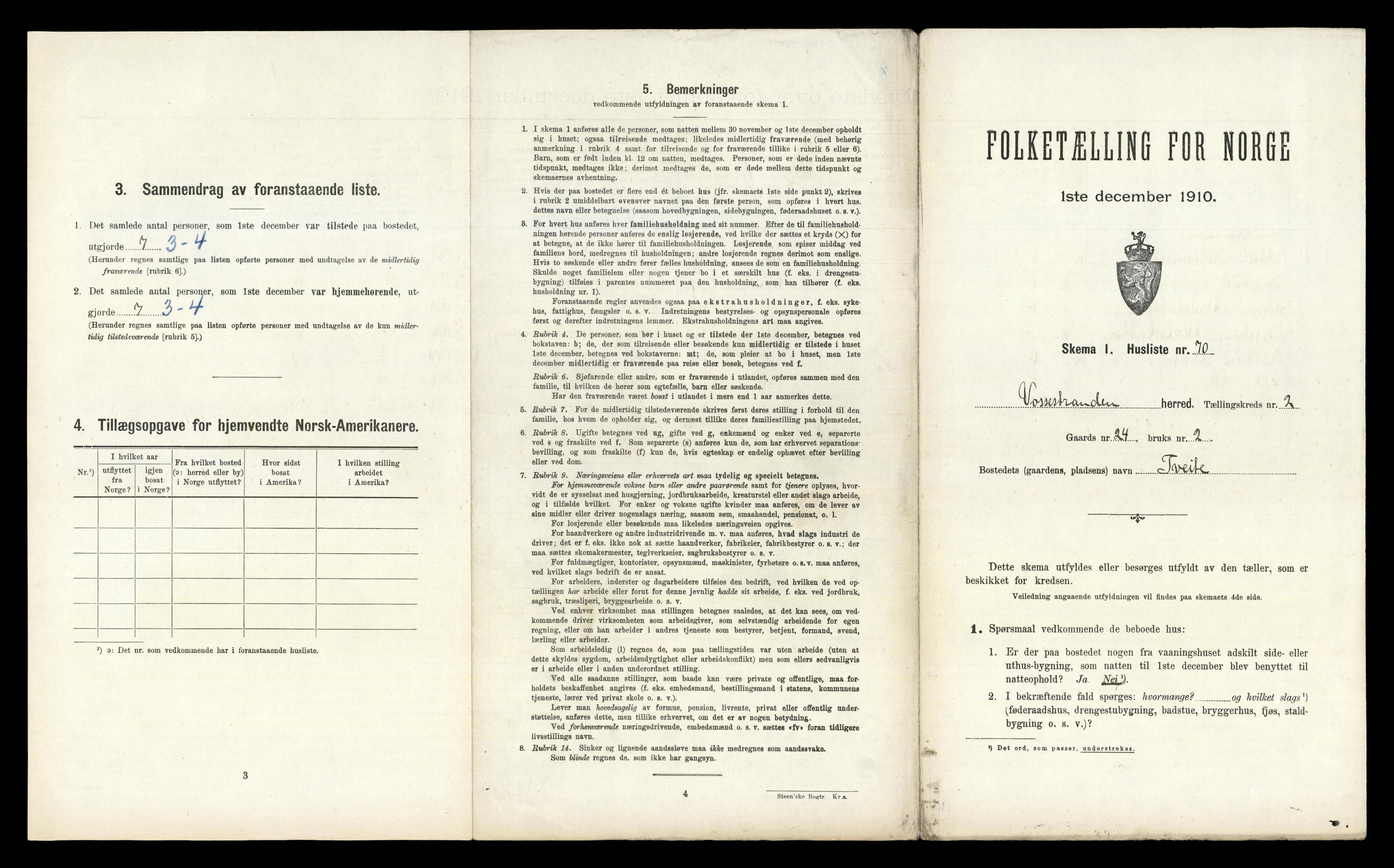 RA, 1910 census for Vossestrand, 1910, p. 343