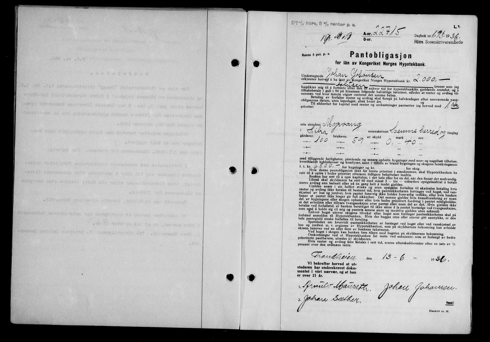 Hitra sorenskriveri, AV/SAT-A-0018/2/2C/2Ca/L0028: Mortgage book no. B-1, 1936-1939, Diary no: : 693/1936