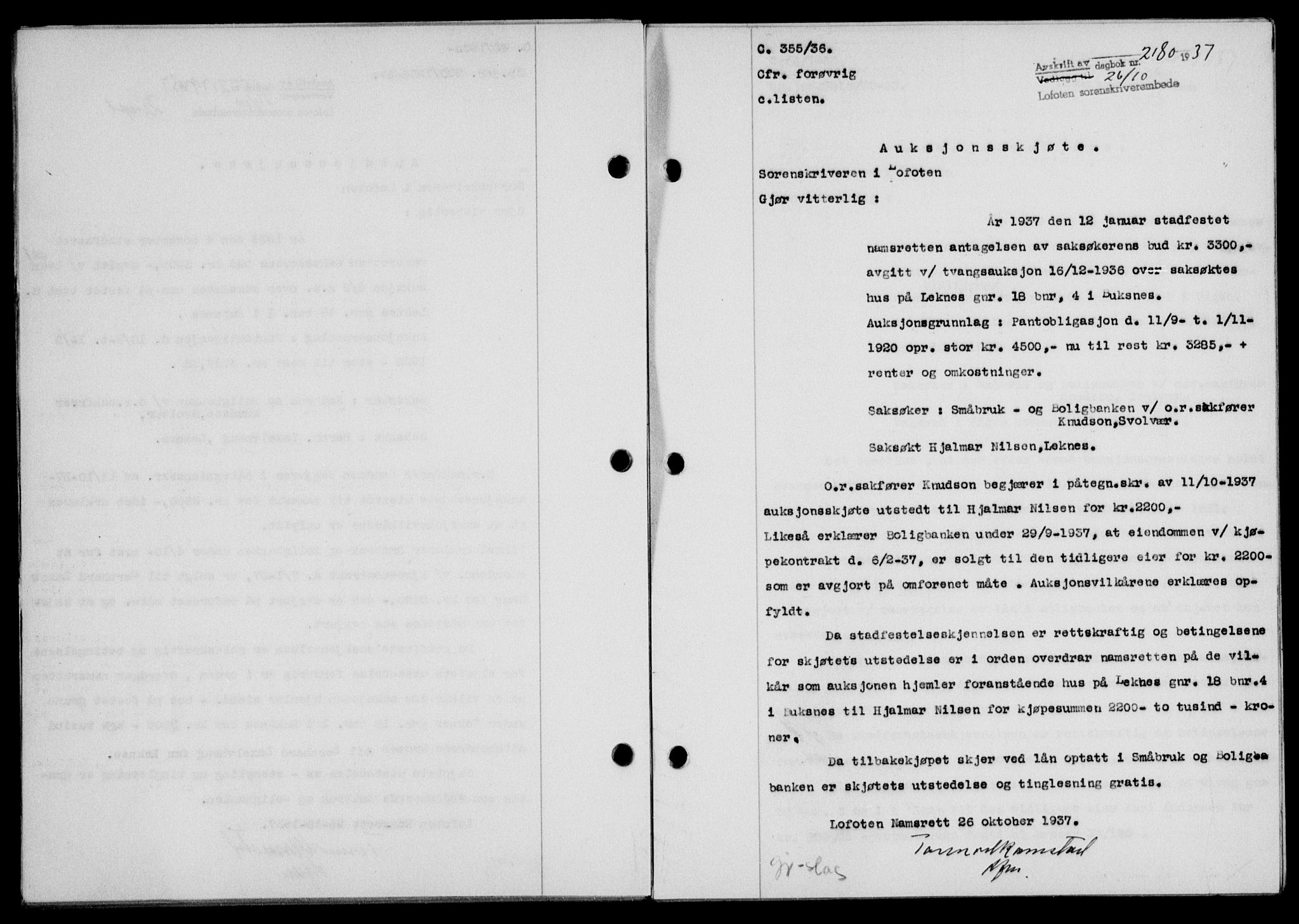 Lofoten sorenskriveri, SAT/A-0017/1/2/2C/L0003a: Mortgage book no. 3a, 1937-1938, Diary no: : 2180/1937
