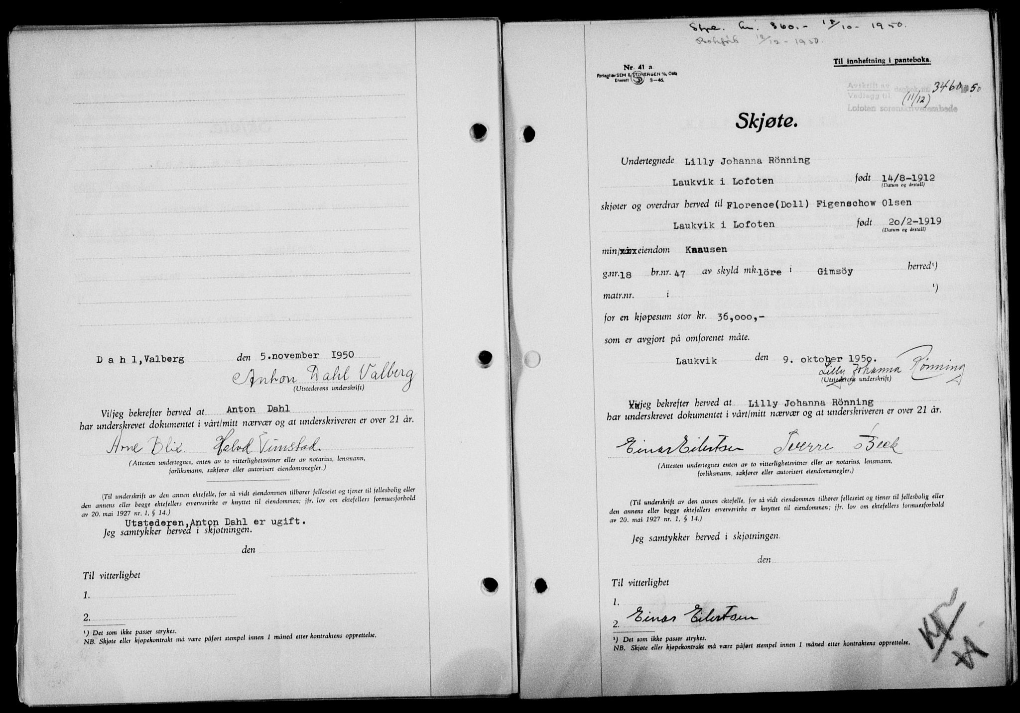 Lofoten sorenskriveri, SAT/A-0017/1/2/2C/L0025a: Mortgage book no. 25a, 1950-1951, Diary no: : 3460/1950