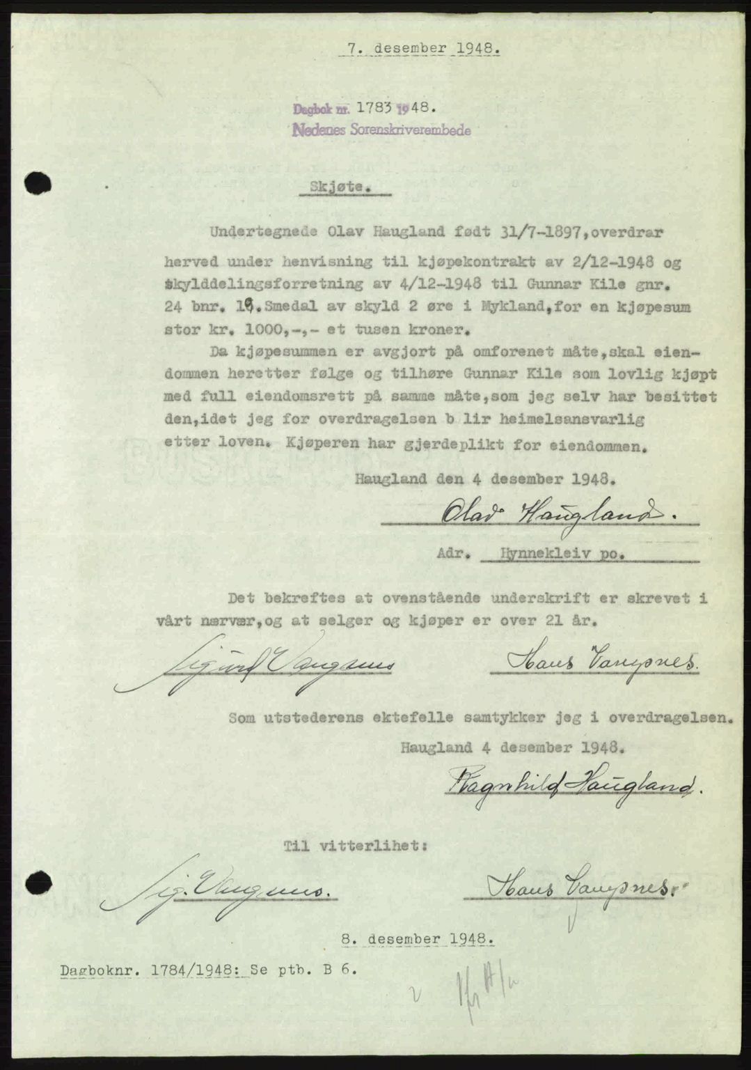 Nedenes sorenskriveri, AV/SAK-1221-0006/G/Gb/Gba/L0060: Mortgage book no. A12, 1948-1949, Diary no: : 1783/1948