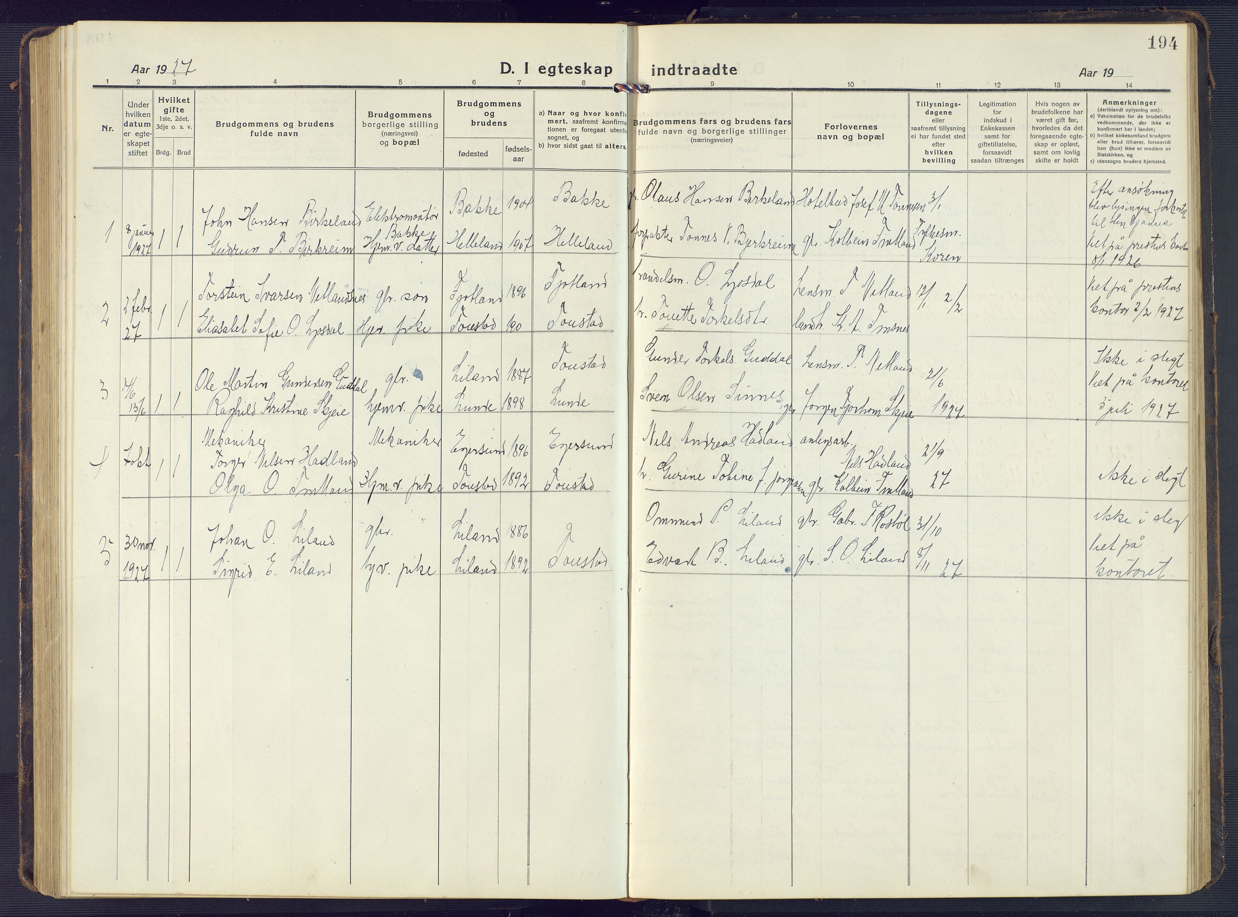 Sirdal sokneprestkontor, SAK/1111-0036/F/Fb/Fbb/L0005: Parish register (copy) no. B 5, 1916-1960, p. 194
