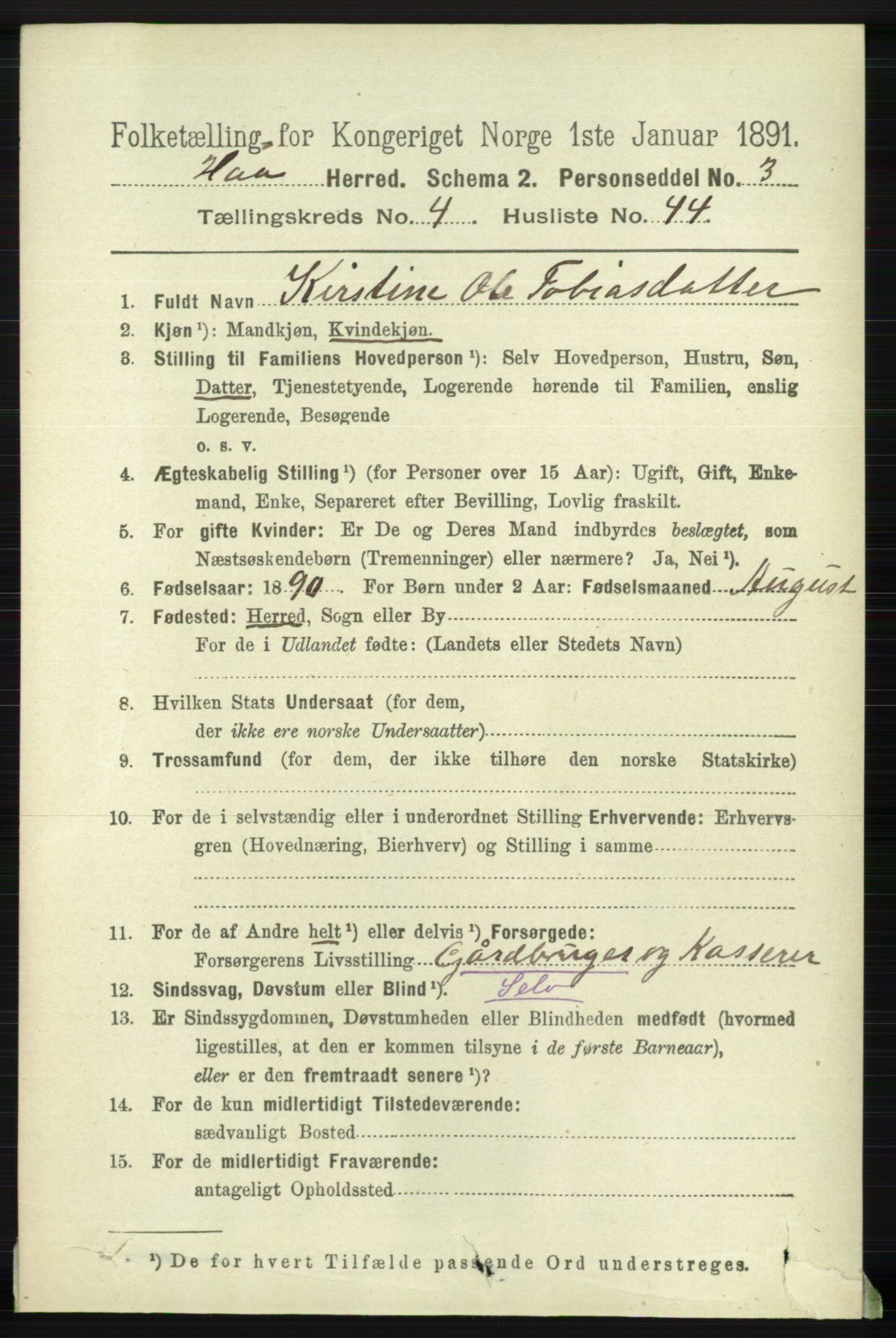 RA, 1891 census for 1119 Hå, 1891, p. 1284