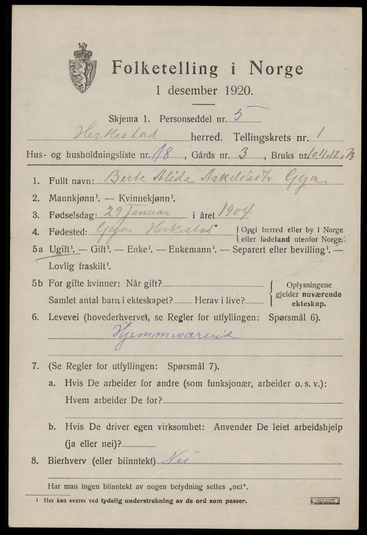 SAST, 1920 census for Heskestad, 1920, p. 599