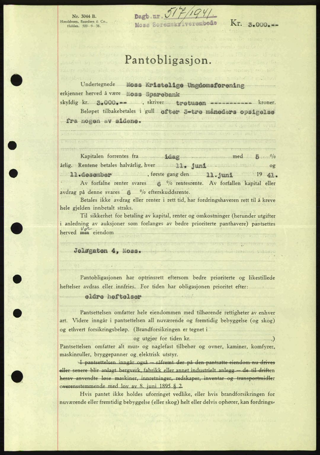 Moss sorenskriveri, SAO/A-10168: Mortgage book no. B10, 1940-1941, Diary no: : 517/1941