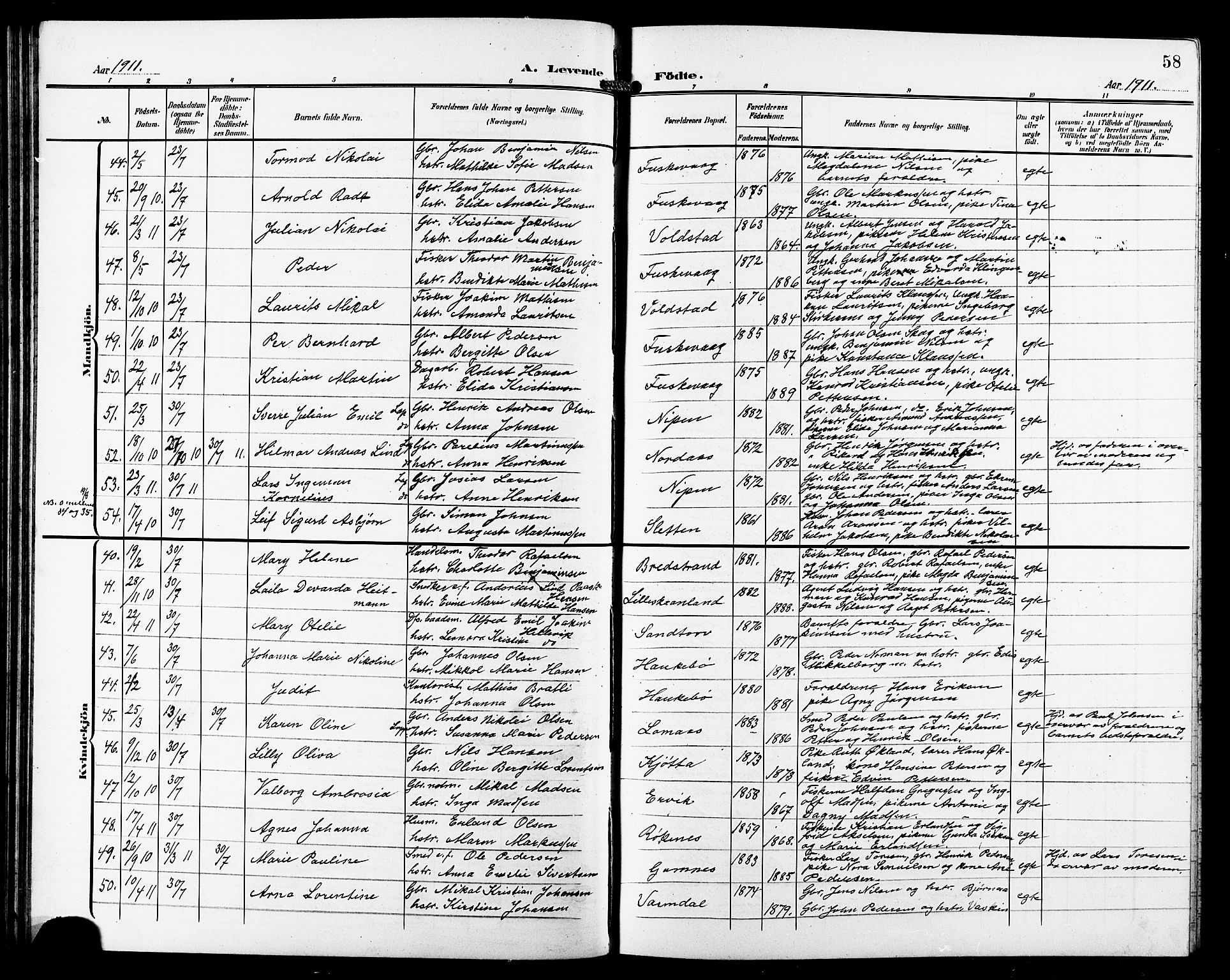 Trondenes sokneprestkontor, AV/SATØ-S-1319/H/Hb/L0012klokker: Parish register (copy) no. 12, 1907-1916, p. 58