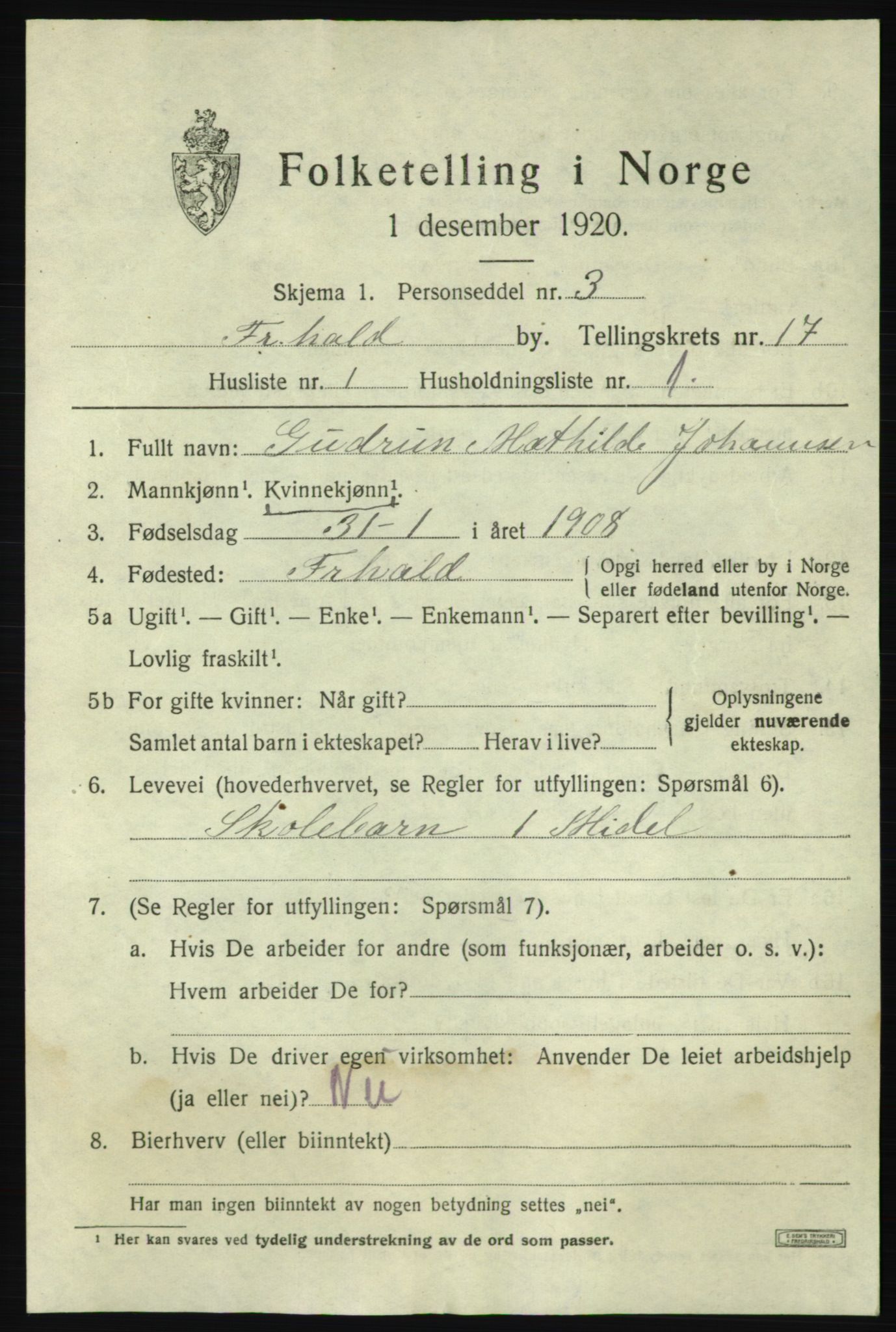 SAO, 1920 census for Fredrikshald, 1920, p. 25768