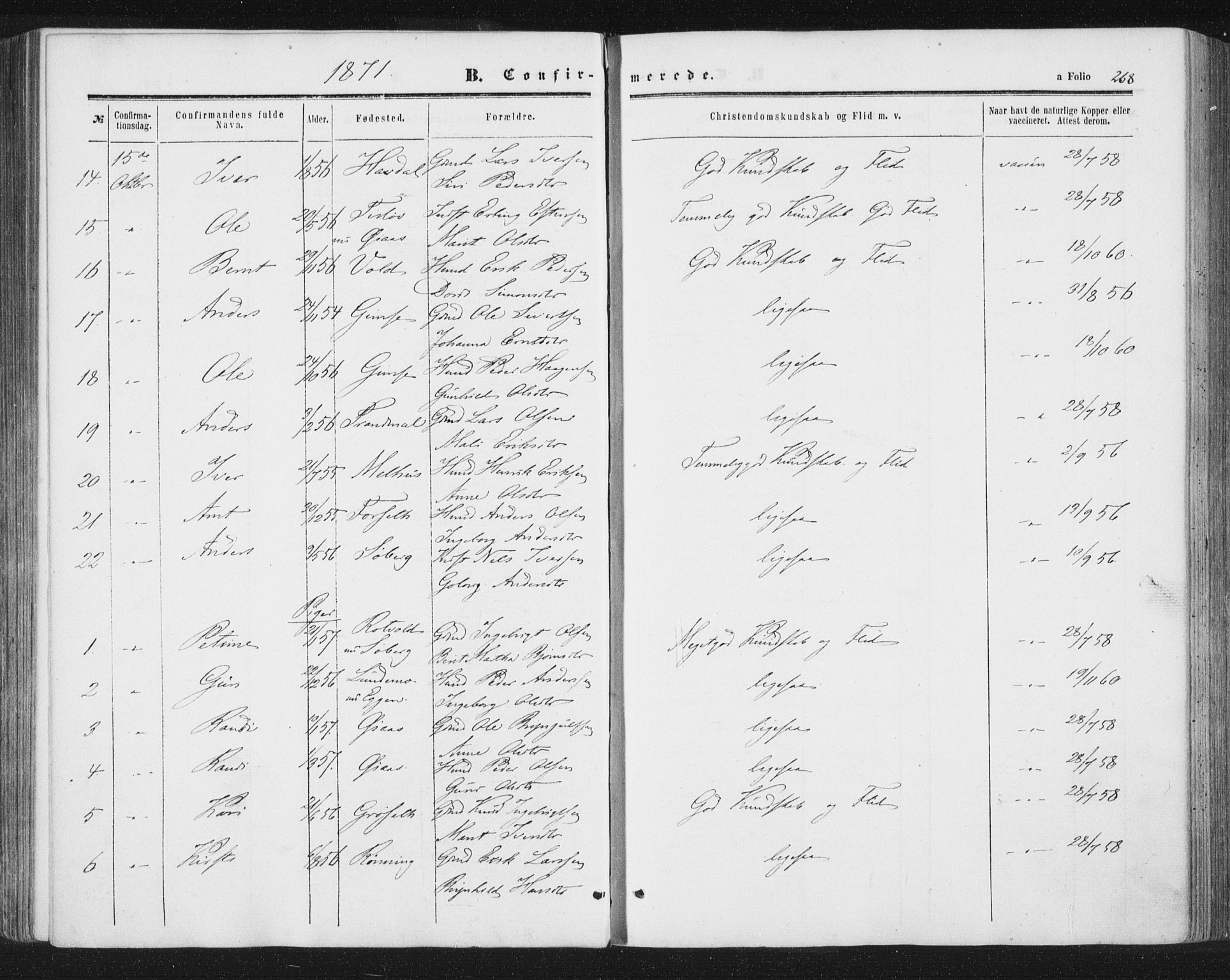 Ministerialprotokoller, klokkerbøker og fødselsregistre - Sør-Trøndelag, SAT/A-1456/691/L1077: Parish register (official) no. 691A09, 1862-1873, p. 268