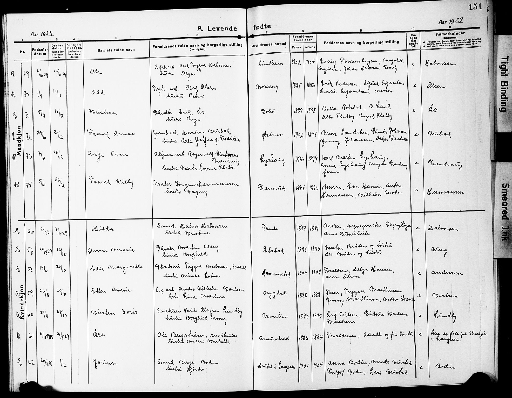 Eidsvoll prestekontor Kirkebøker, AV/SAO-A-10888/G/Ga/L0010: Parish register (copy) no. I 10, 1919-1929, p. 151