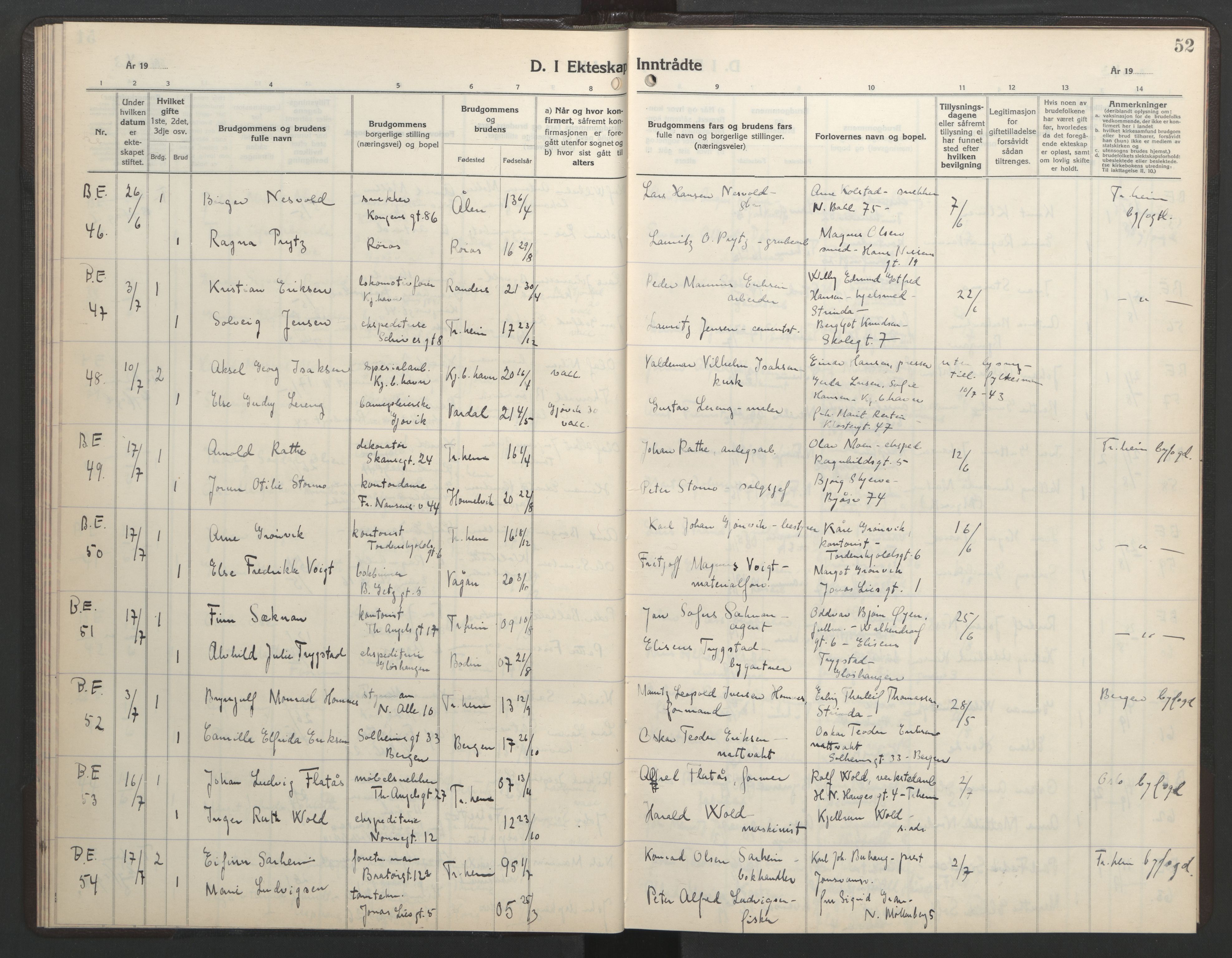 Ministerialprotokoller, klokkerbøker og fødselsregistre - Sør-Trøndelag, AV/SAT-A-1456/602/L0154: Parish register (copy) no. 602C22, 1940-1947, p. 52