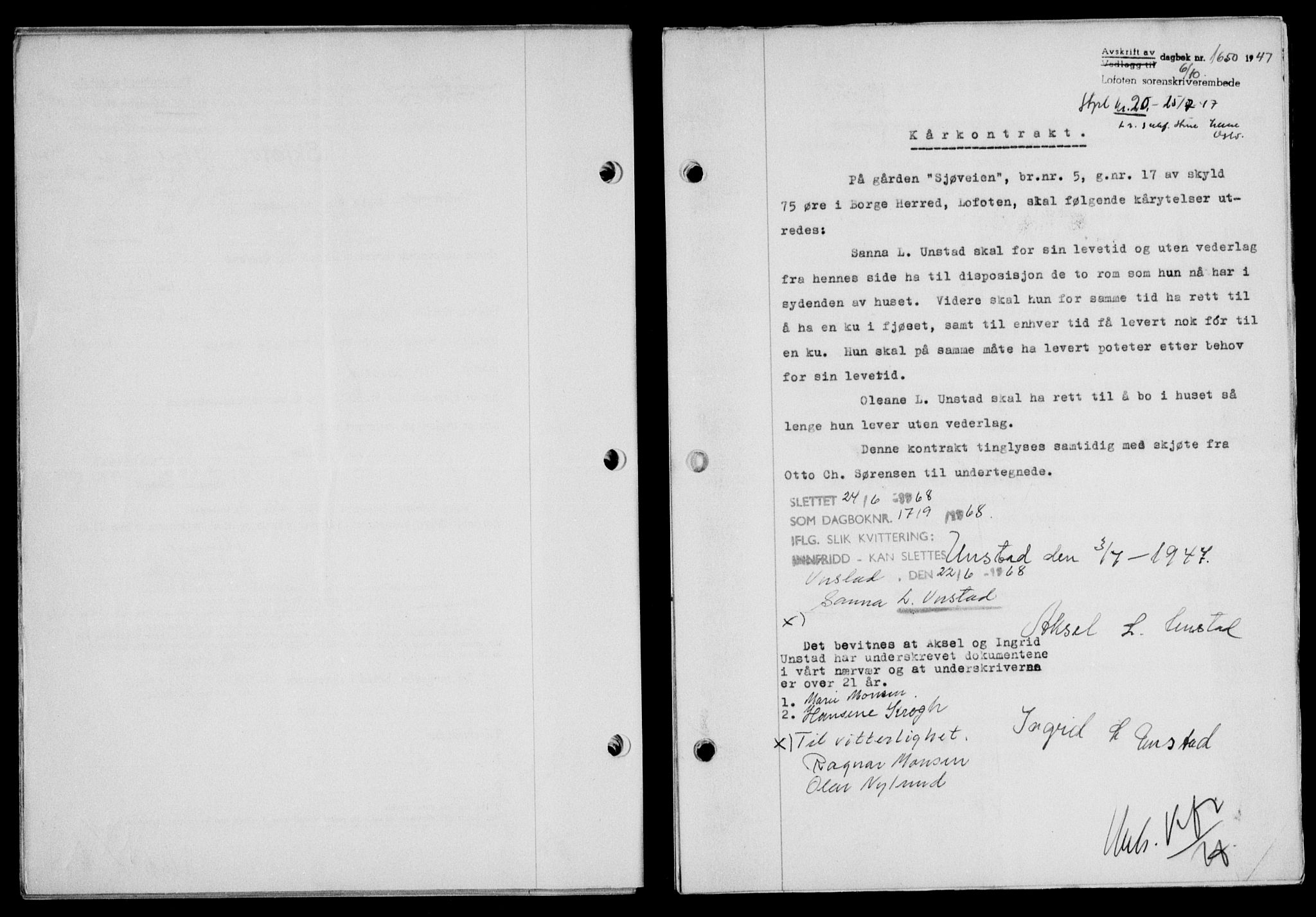 Lofoten sorenskriveri, SAT/A-0017/1/2/2C/L0017a: Mortgage book no. 17a, 1947-1948, Diary no: : 1650/1947