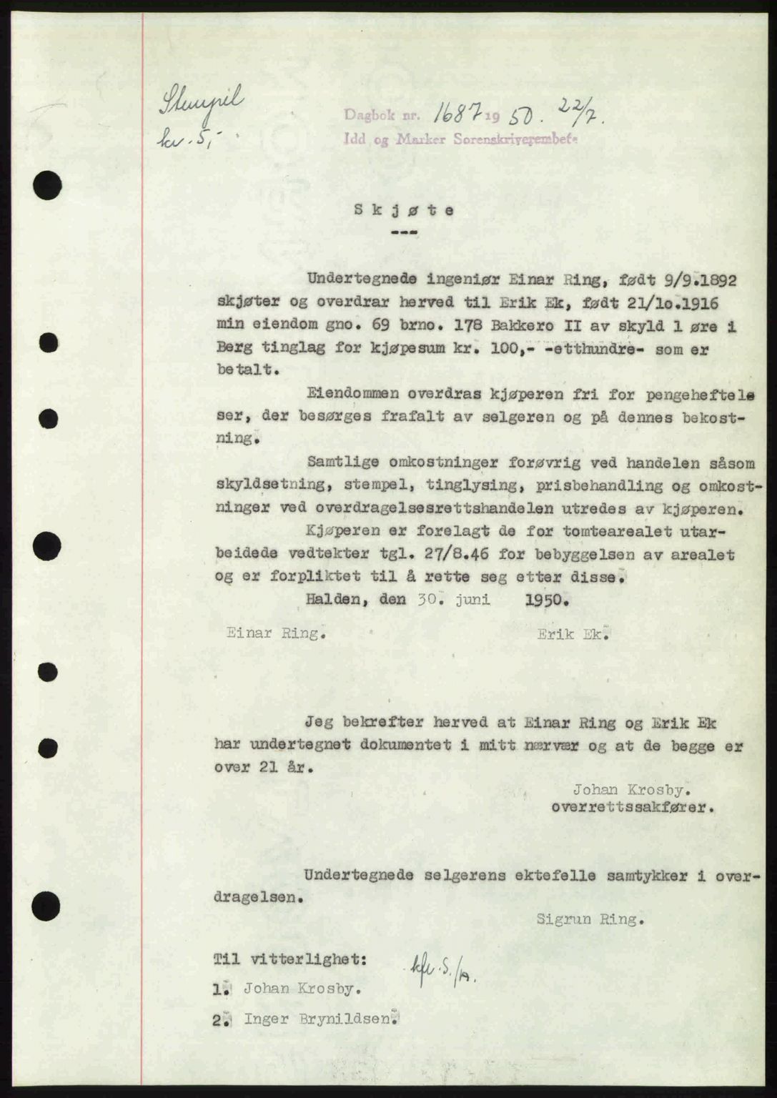 Idd og Marker sorenskriveri, AV/SAO-A-10283/G/Gb/Gbb/L0015: Mortgage book no. A15, 1950-1950, Diary no: : 1687/1950