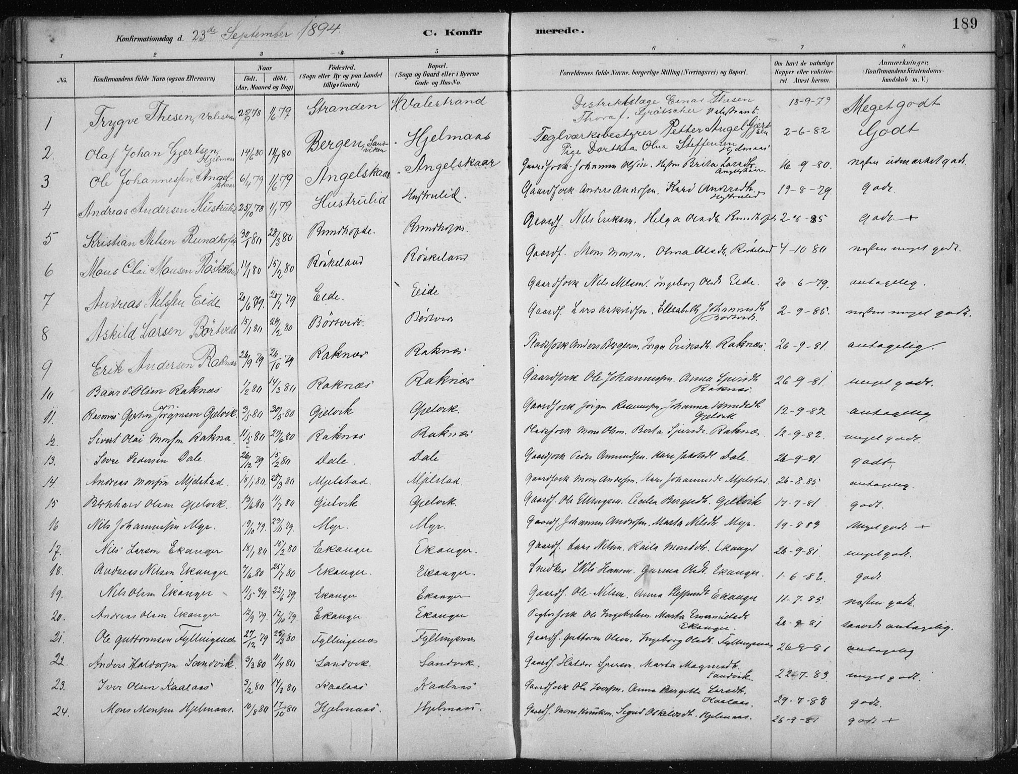 Hamre sokneprestembete, SAB/A-75501/H/Ha/Haa/Haab/L0001: Parish register (official) no. B  1, 1882-1905, p. 189