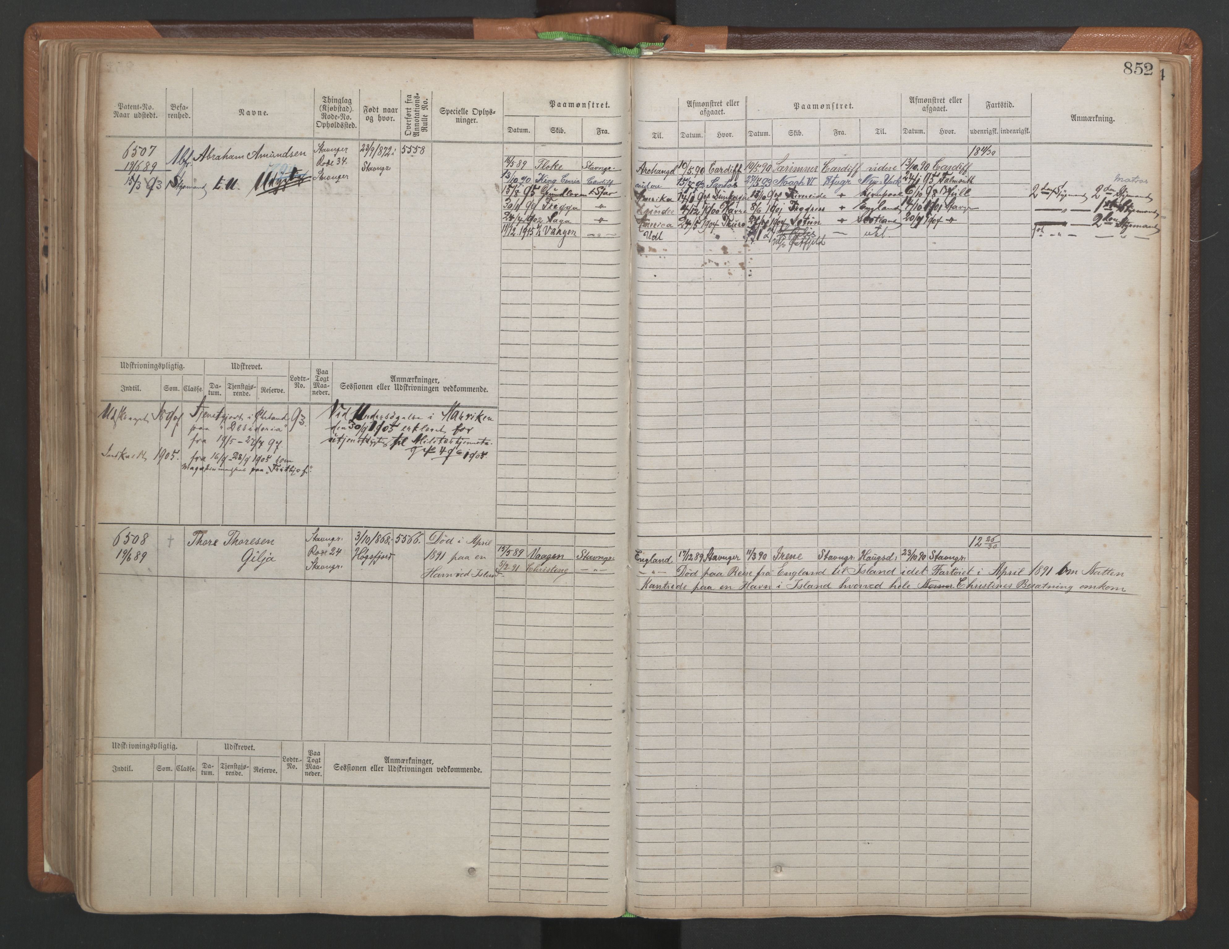 Stavanger sjømannskontor, AV/SAST-A-102006/F/Fb/Fbb/L0010: Sjøfartshovedrulle, patentnr. 6007-6606 (del 1), 1887-1896, p. 256