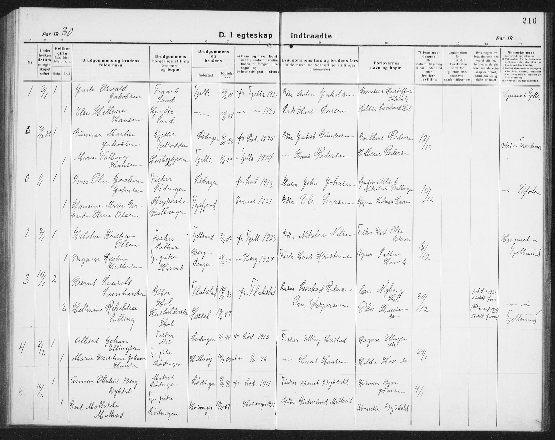 Ministerialprotokoller, klokkerbøker og fødselsregistre - Nordland, AV/SAT-A-1459/872/L1049: Parish register (copy) no. 872C05, 1920-1938, p. 216