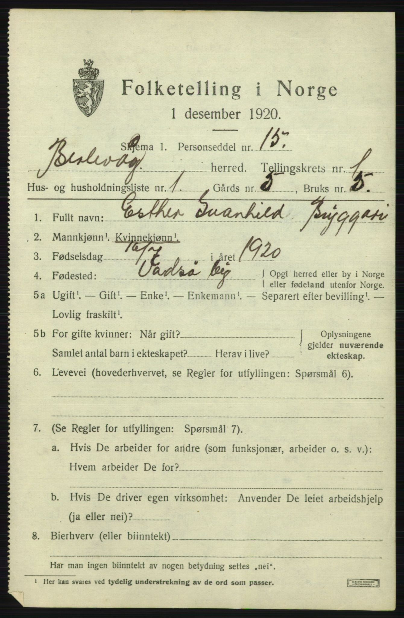 SATØ, 1920 census for Berlevåg, 1920, p. 433