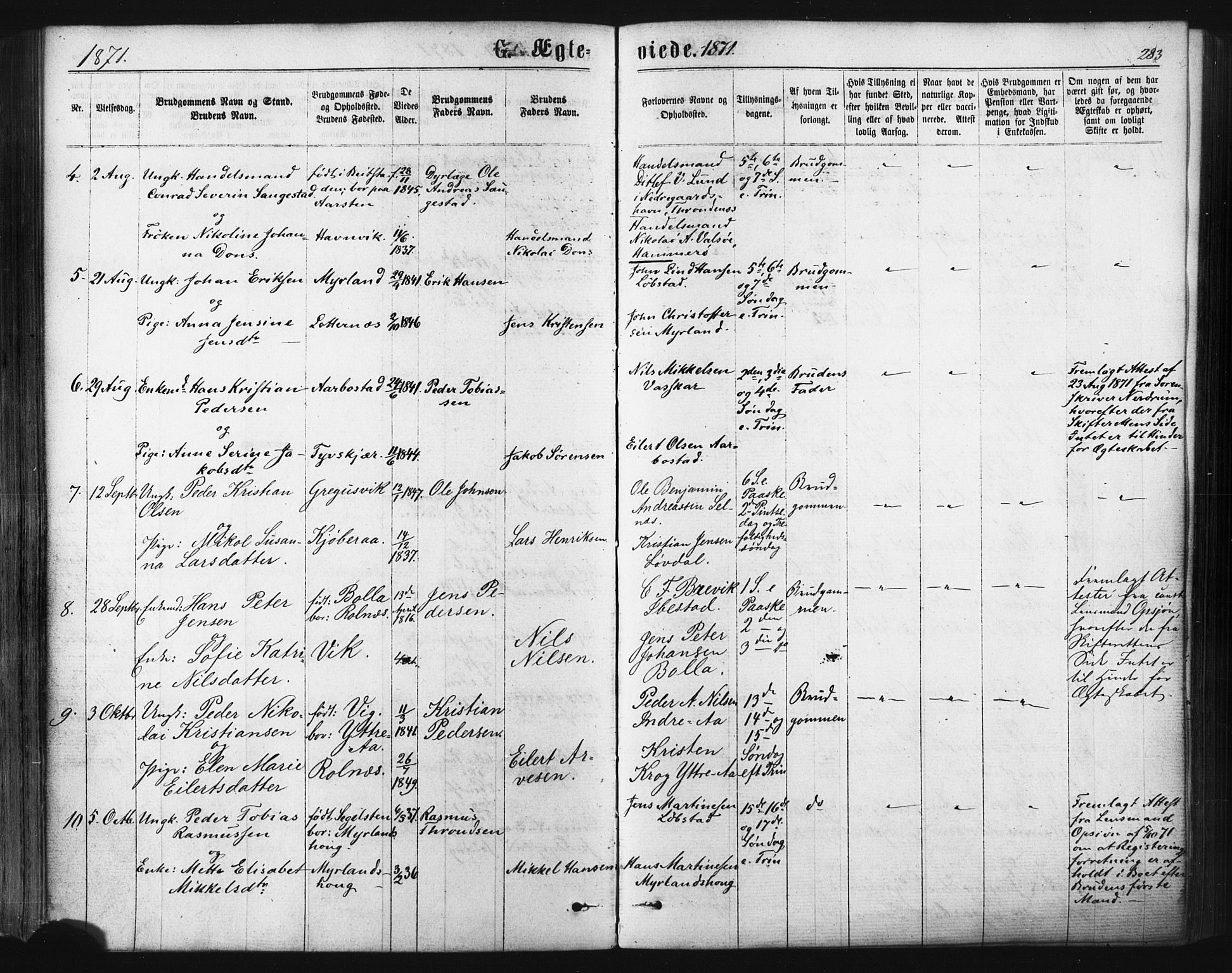 Ibestad sokneprestembete, SATØ/S-0077/H/Ha/Haa/L0010kirke: Parish register (official) no. 10, 1869-1879, p. 283