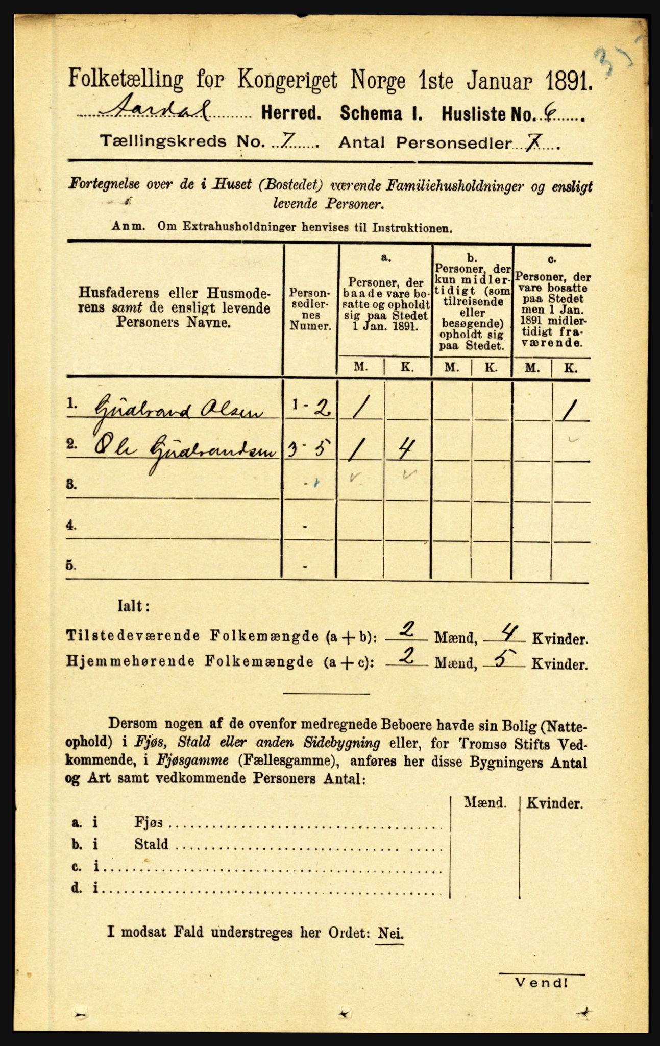 RA, 1891 census for 1424 Årdal, 1891, p. 1439