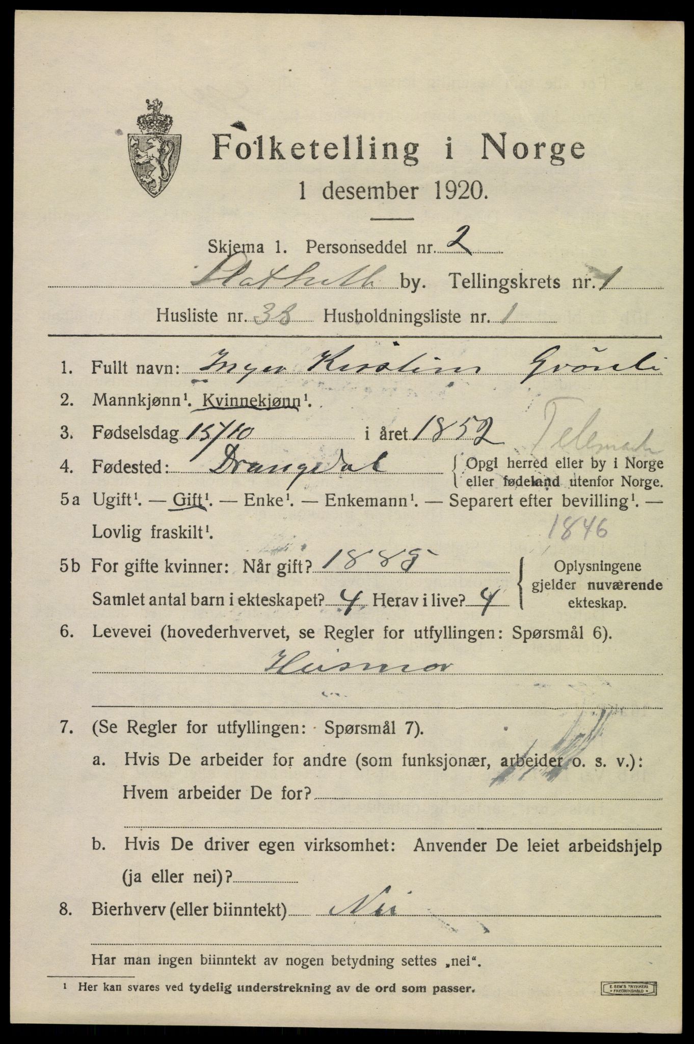 SAKO, 1920 census for Stathelle, 1920, p. 829